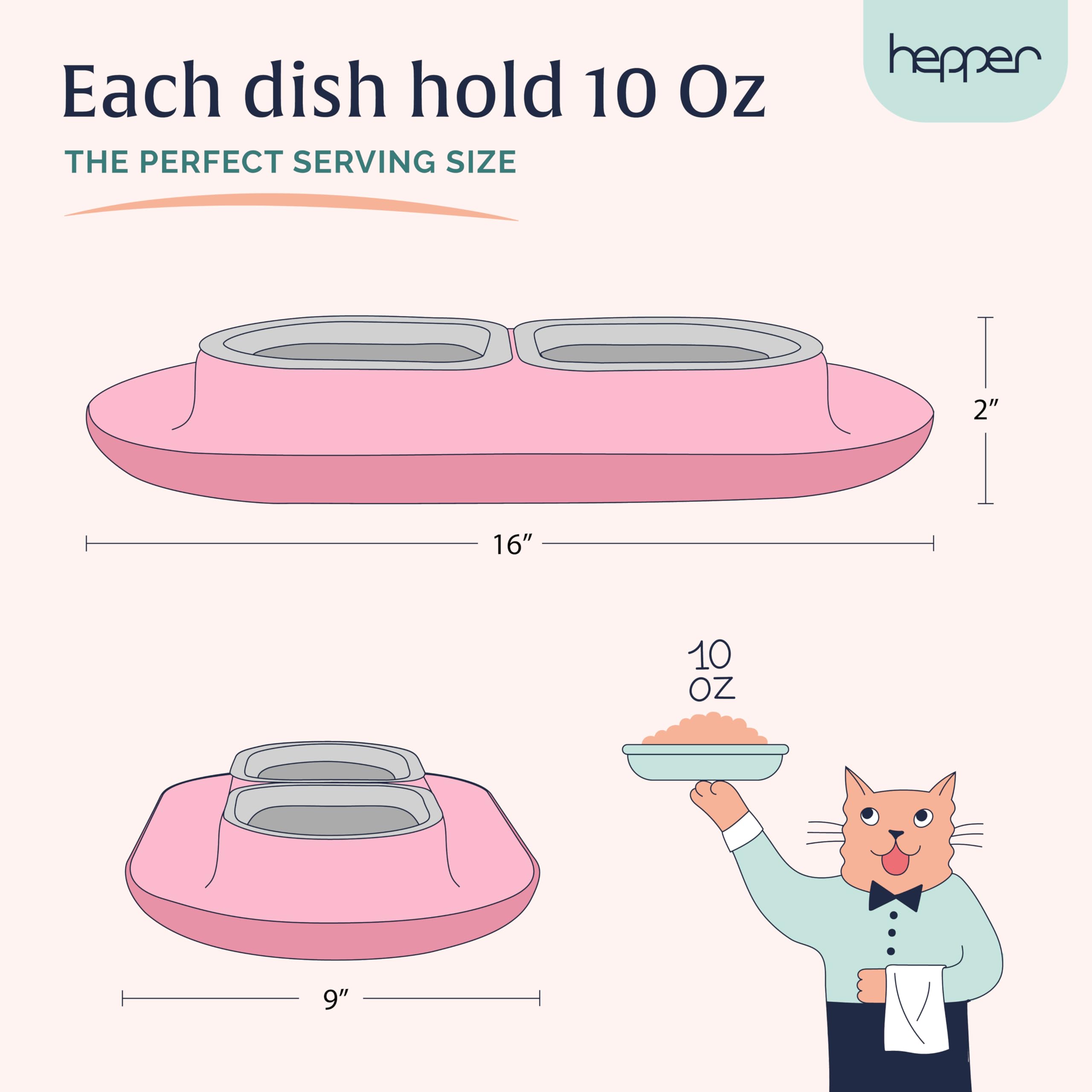 Hepper NomNom Spill Proof Elevated Cat Bowls - Stainless Steel Raised Cat Food & Water Dish with Whisker Relief - Non-Slip Pet Bowl for Messy Eaters - Perfect for Kittens, Adult & Senior Cats - Pink (Ideal for Home, Kitchen or Travel Use)