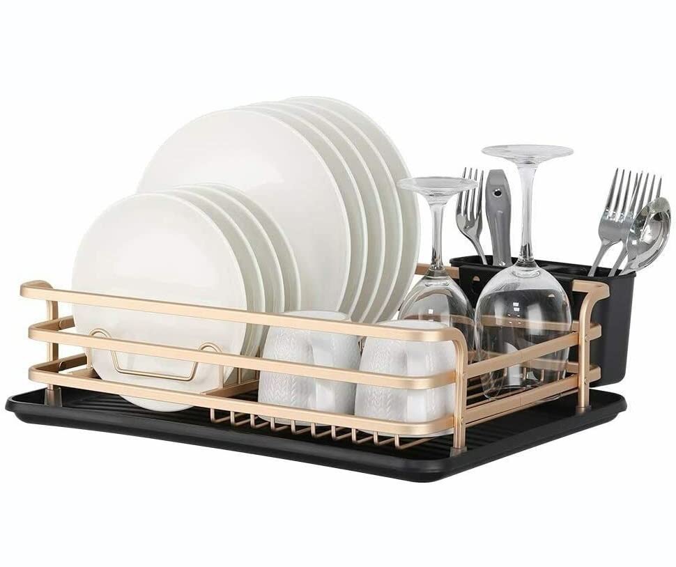 Premium Aluminum Dish Drying Rack with Cutlery Holder & Removable Drain Tray - Space-Saving Rose Gold Kitchen Organizer for Countertop - Perfect for Small Kitchens, Apartments, and RV Use