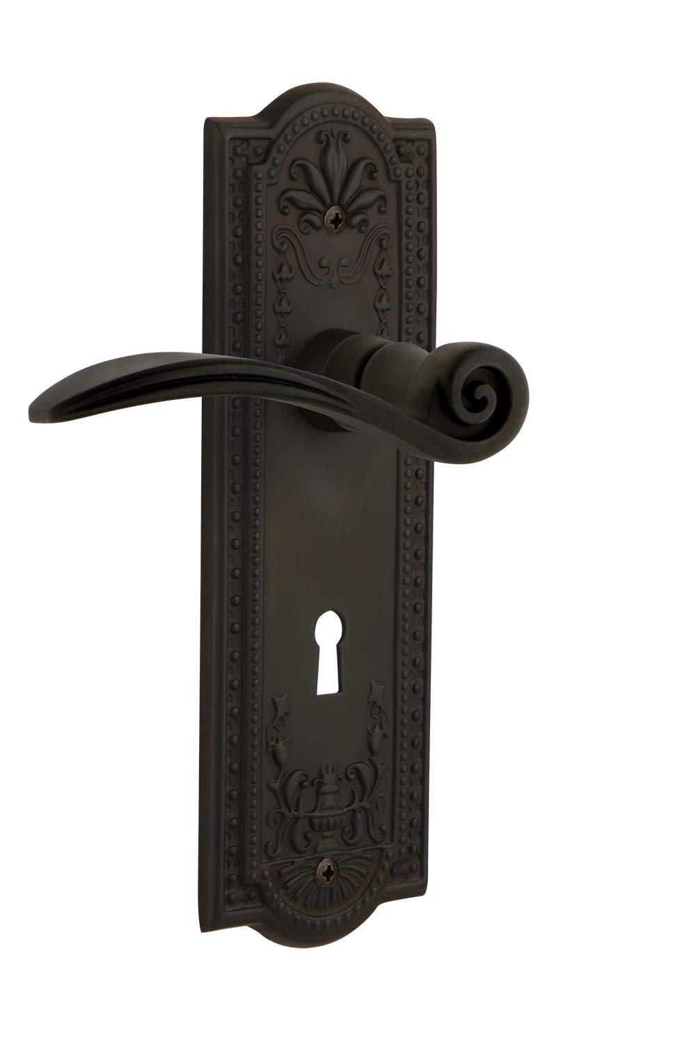 Nostalgic Warehouse Meadows Plate Passage Door Knob with Keyhole - Oil-Rubbed Bronze Swan Lever - Vintage Style Door Hardware for Bedroom, Bathroom & Interior Doors