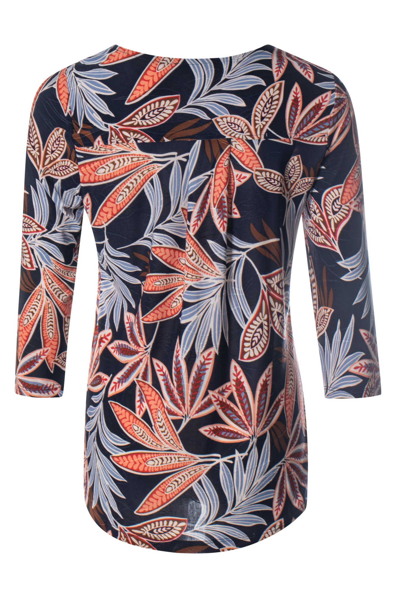 Printed Slinky Tunic Dress - Navy Spice Leaf Pattern | 7404BR | Women's Flowy Casual Top for Beach, Vacation & Everyday Wear