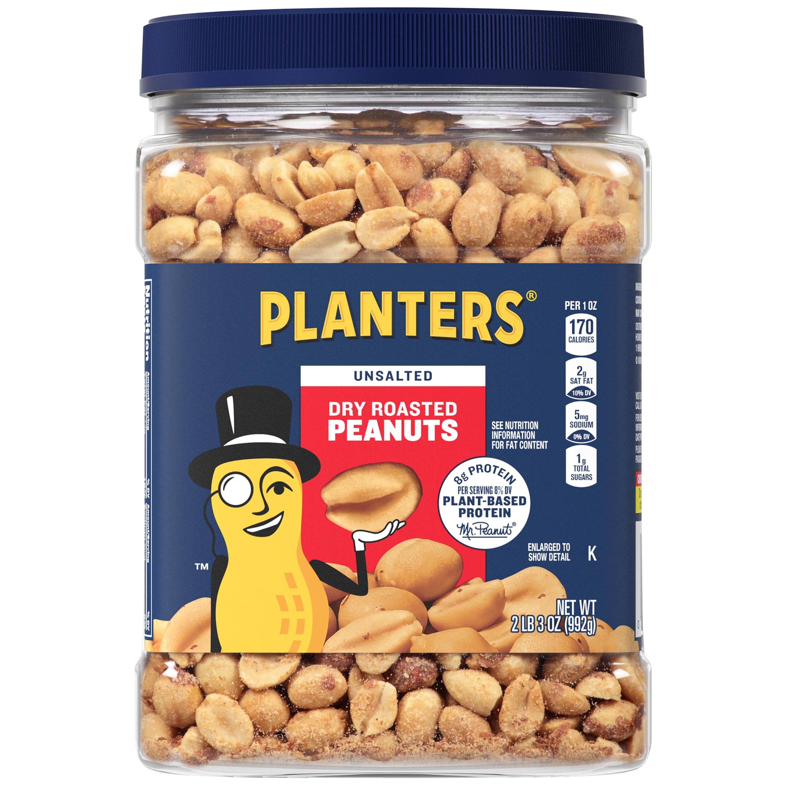 Planters Unsalted Dry Roasted Peanuts - 35oz (2.19 lbs) Bulk Jar | Healthy Snacks for Office, Gym & Travel | Vegan Protein Source
