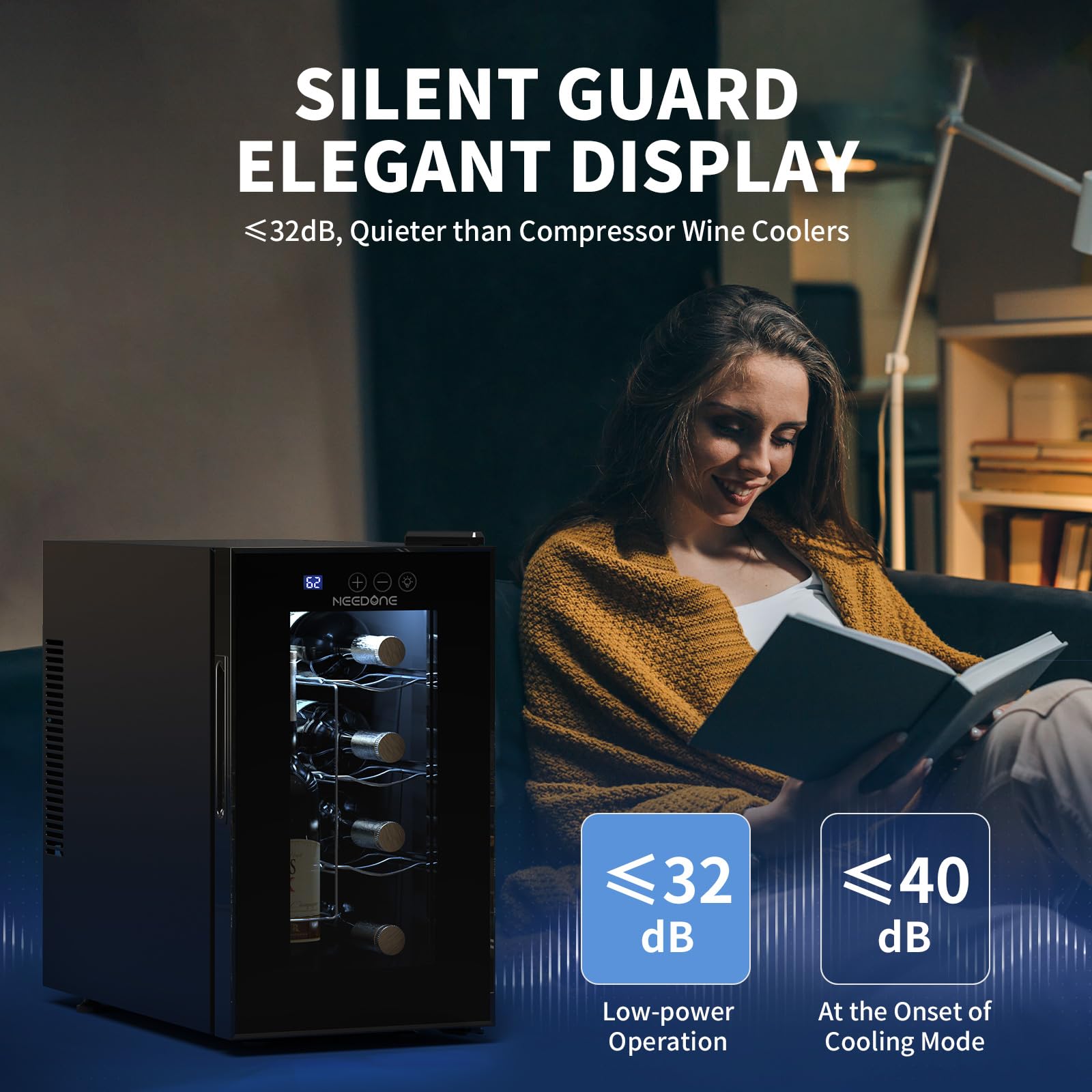 NEEDONE 8-Bottle Wine Cooler - Thermoelectric Wine Fridge with Quiet Fast Cooling, Built-in Wine Rack for Red, White & Sparkling Wines | Energy Efficient Wine Cellar Cabinet | Perfect Gift for Wine Lovers (Men & Women) | Ideal for Home Bars, Kitchens & Entertaining