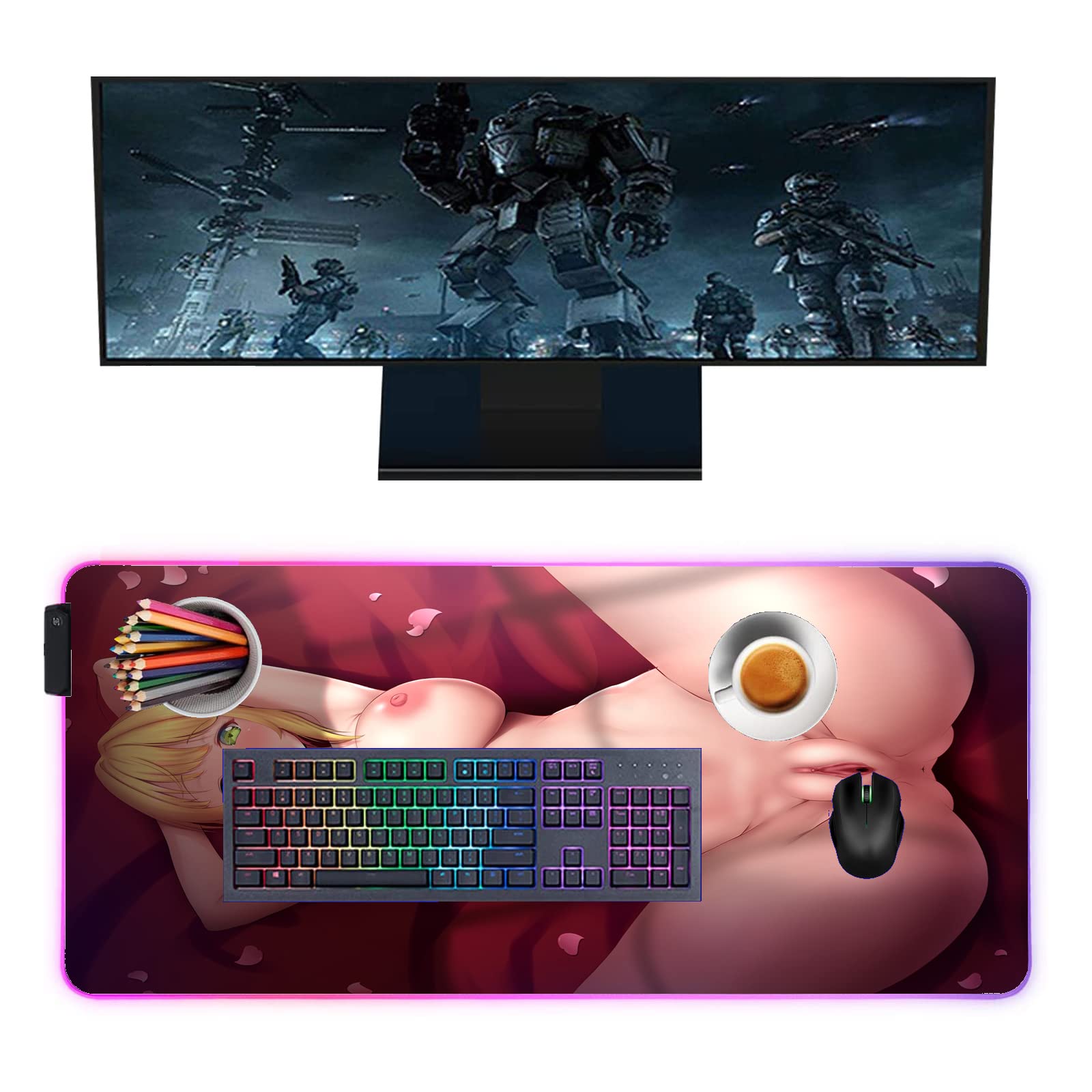 Large RGB LED Gaming Mouse Pad with Locking Edge - 35.43 x 15.74 Inch Anime Design Desk Mat for PC, Laptop & Computer | Perfect for Gamers, Office & Home Workspace
