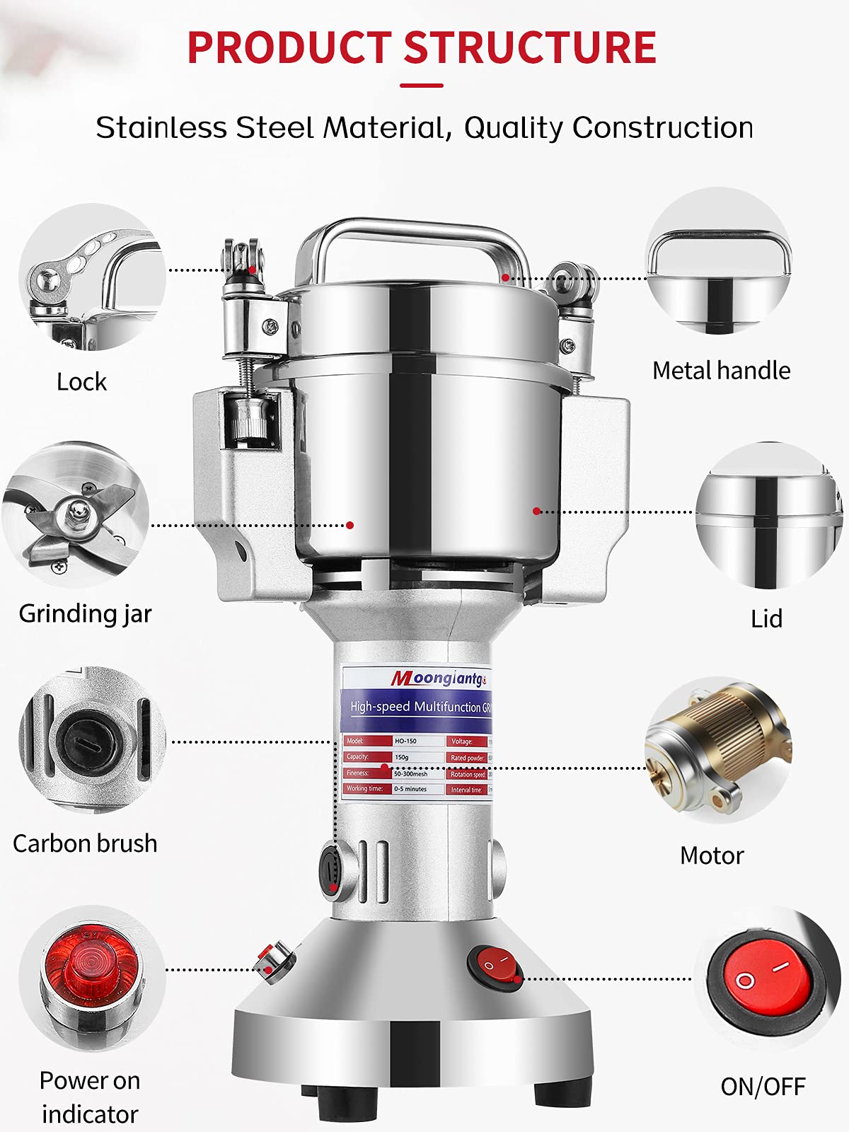 Moongiantgo 150g Electric Grain Grinder Mill - 220V Stainless Steel Herb & Spice Grinder, 50-300 Mesh Powder Machine for Cereal, Grains, Coffee, Nuts - Perfect for Home Kitchen & Commercial Use