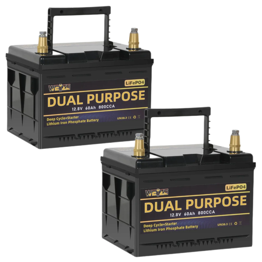 WEIZE 12V 60AH LiFePO4 Lithium Battery - Dual Purpose Starter & Deep Cycle Battery for Marine, RV, Solar - Perfect for Boats, Campers, Off-Grid Power & Backup Energy Storage