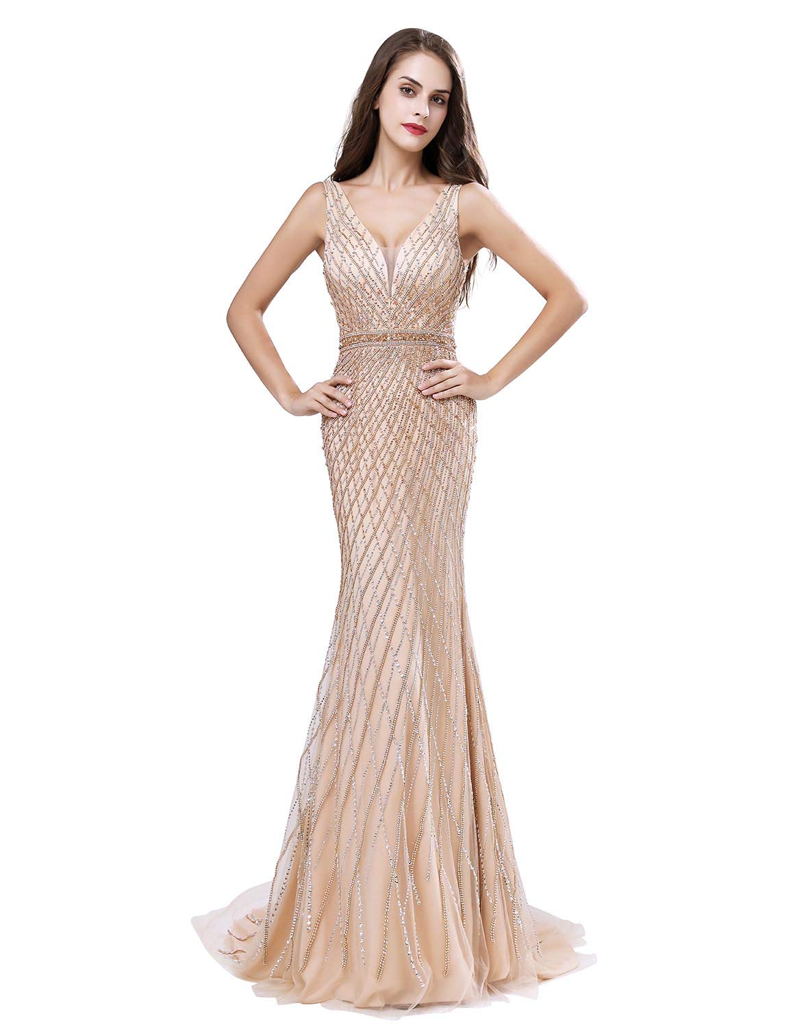 Sarahbridal Women's Luxury Beaded Prom Dresses - Long V-Neck & V-Back Evening Ball Gowns for Homecoming, Wedding, Pageant & Special Occasions