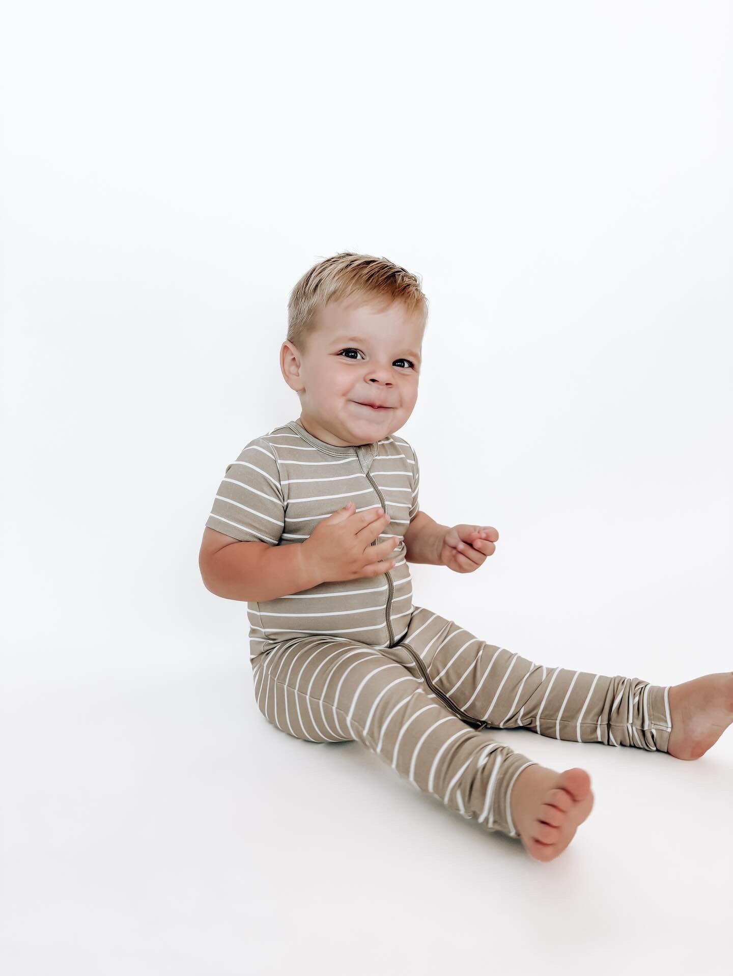 LB x Baby Breez Short Sleeve Pinstripe Romper Pajamas - Soft Cotton Sleepwear for Babies & Toddlers (Khaki Green/White) - Perfect for Nursery, Bedtime & Playtime