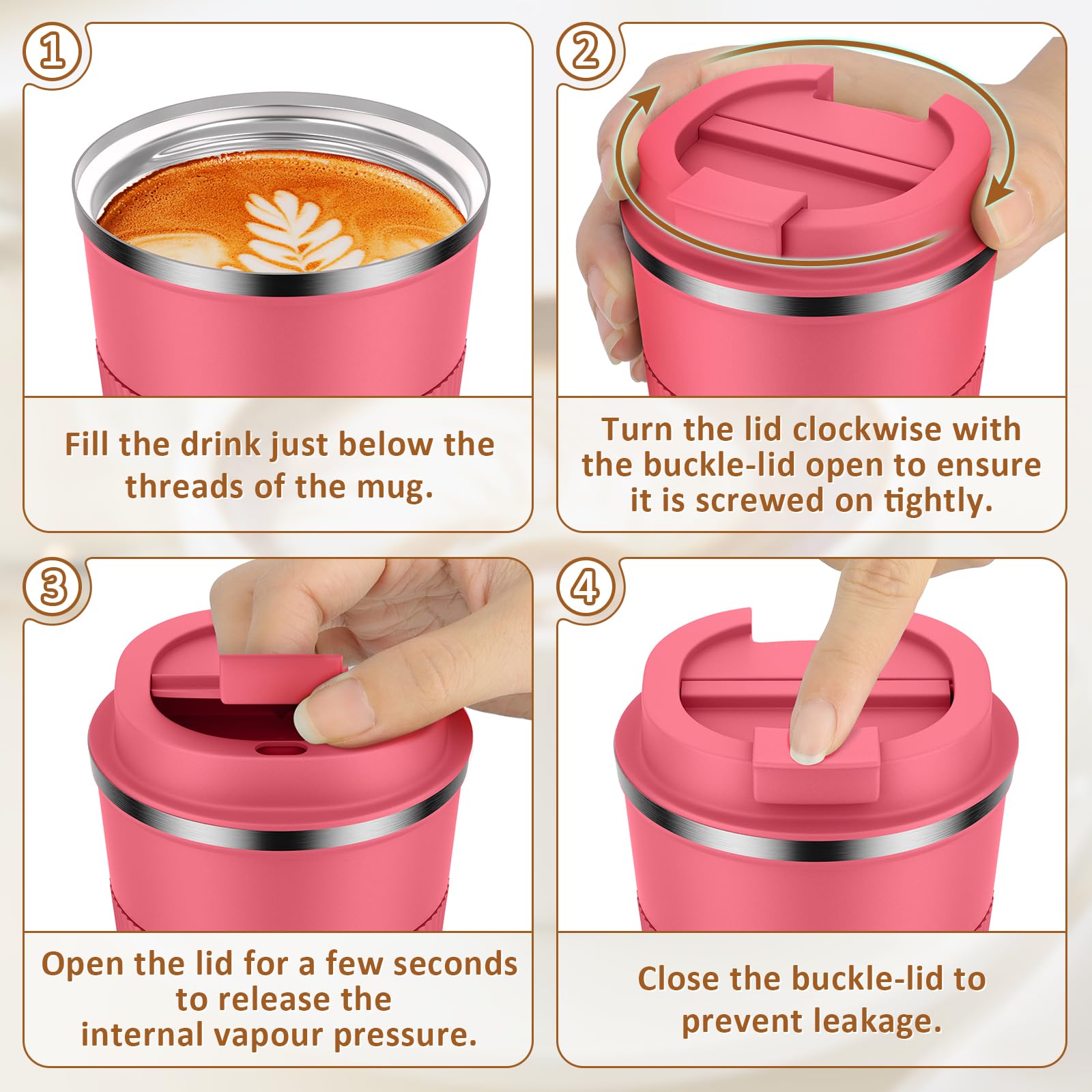 Hestiasko 13 oz (380ml) Double Walled Vacuum Insulated Travel Coffee Mug - 304 Stainless Steel Leakproof Tumbler with Lid for Hot & Cold Drinks (Rose Red) - Perfect for Coffee, Tea, Cola, Milk on the Go, Office, Commuting & Outdoor Activities