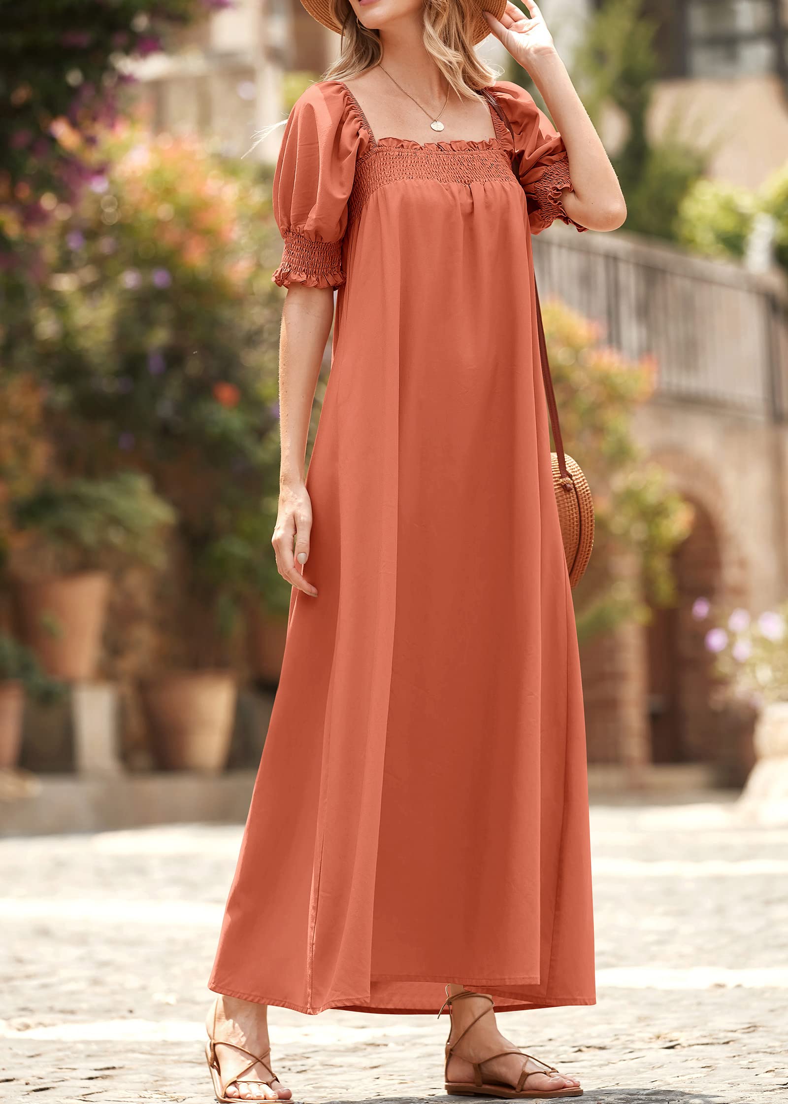 KIRUNDO Women's 2025 Summer Maxi Dress - Casual Loose Puff Sleeve Square Neck Maternity Beach Dress with Pockets | Flowy Long Dress for Pregnancy, Vacation & Outdoor Activities