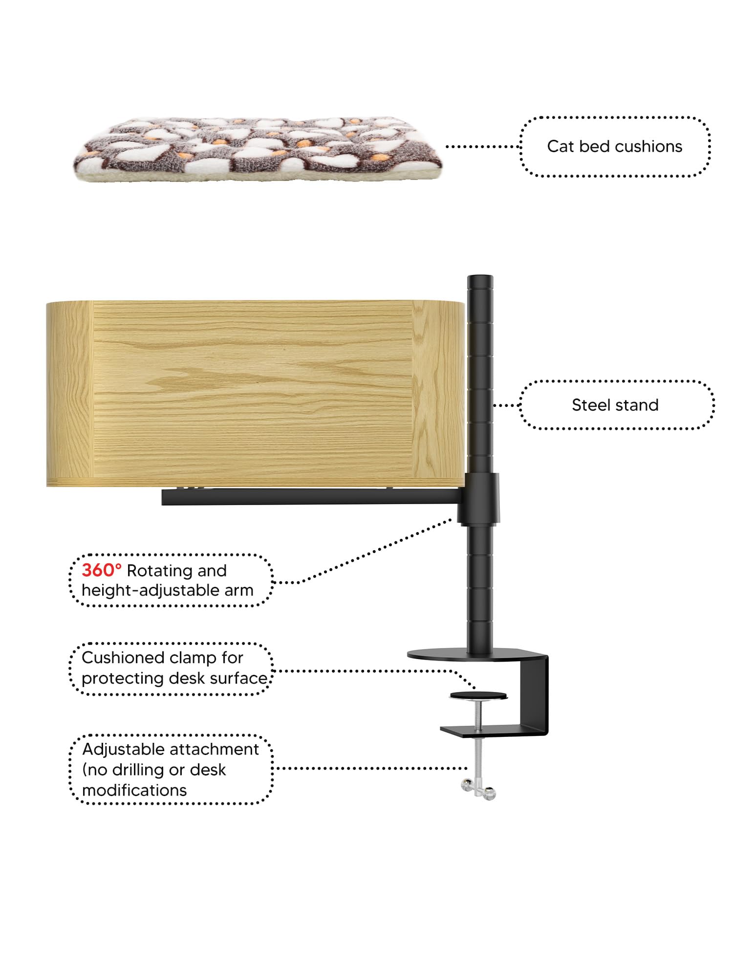 360° Rotating Cat Desk Bed with Plush Cushion - Space-Saving Elevated Wooden Pet Bed for Office & Home Use - Perfect for Napping While You Work