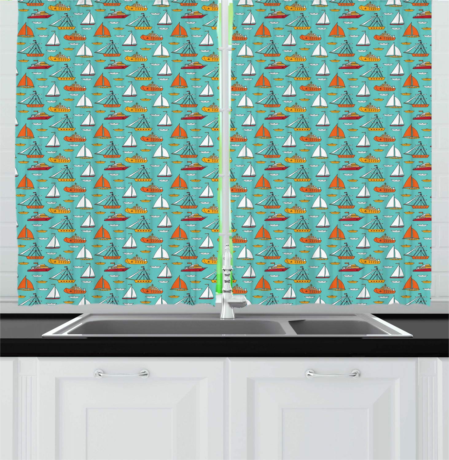 Ambesonne Nautical Kitchen Curtains Set of 2 - Blue Ocean Sailboat Maritime Design on Turquoise Background, 55