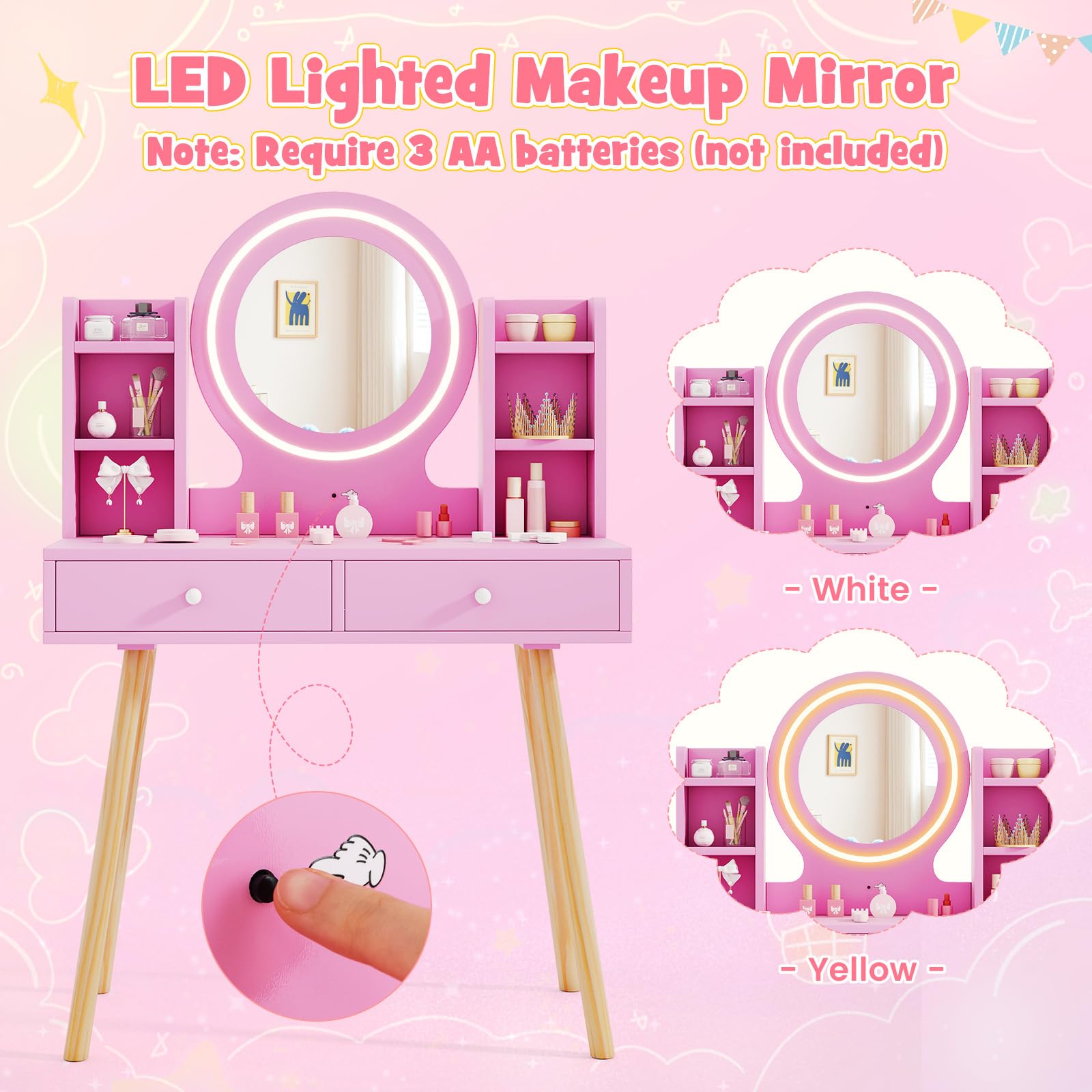 HONEY JOY Kids Vanity Set with Mirror, Stool & Lights - Pink Toddler Makeup Dressing Table with Storage Drawers & Shelves - Pretend Play Vanity for Girls - Perfect for Bedroom Decor, Birthday Gifts & Role Play Activities