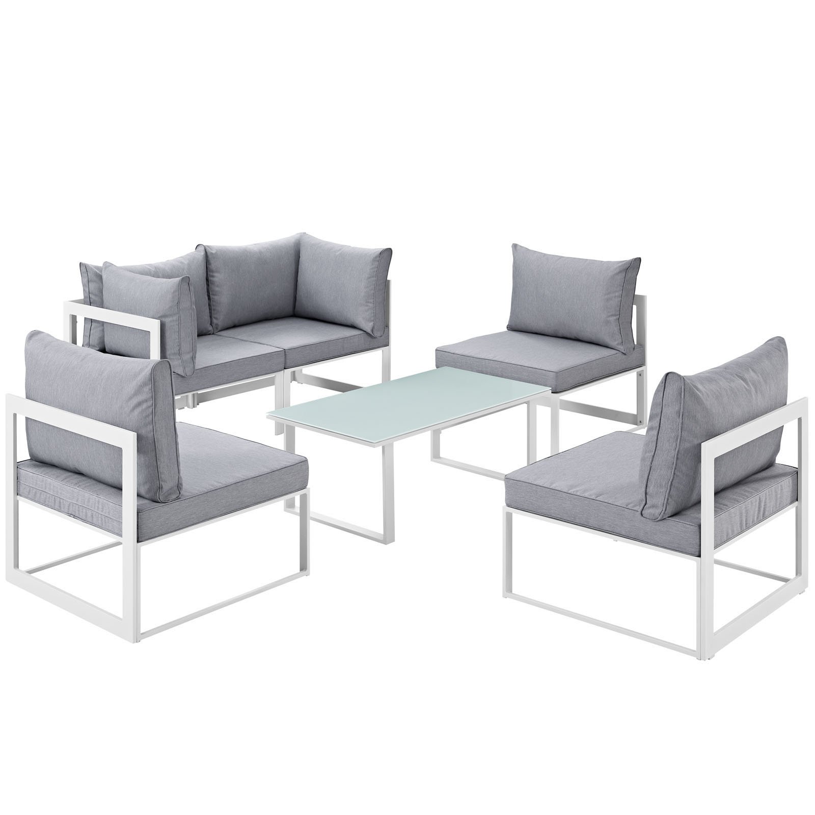 Modern Urban Contemporary 6-Piece Outdoor Patio Sectional Sofa Set with White Grey Fabric and Steel Frame - Perfect for Backyard, Poolside, and Garden Relaxation