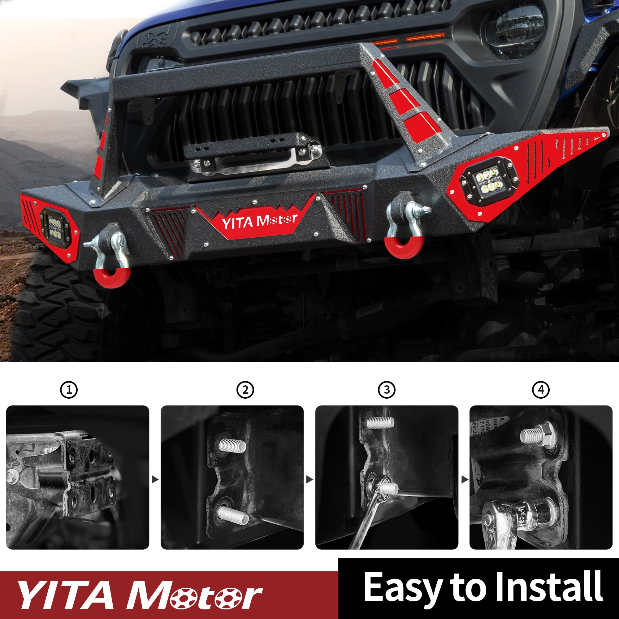 YITAMOTOR Front Bumper for 2018-2025 Jeep Wrangler JL & Unlimited, 2020-2025 Jeep Gladiator JT - Heavy Duty Winch-Ready Bumper with LED Light Mounts, D-Rings & License Plate Bracket | Perfect for Off-Roading, Overlanding & Jeep Modifications