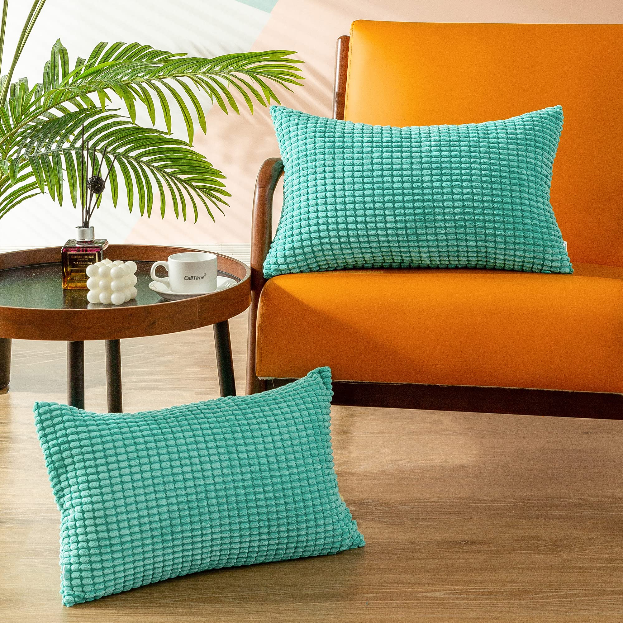 Premium Corduroy Pillow Covers Set of 2 - 12x20 Inches Soft Striped Couch Pillowcases for Sofa, Bed & Home Decor - Turquoise Blue Cozy Living Room & Bedroom Accent Pillows