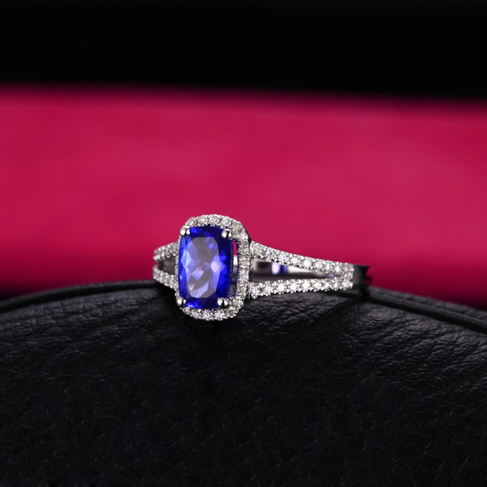 2 Carat Cushion Cut Blue Sapphire & Moissanite Diamond Halo Engagement Ring in 14K White Gold - Perfect for Proposals, Anniversaries & Bridal Jewelry