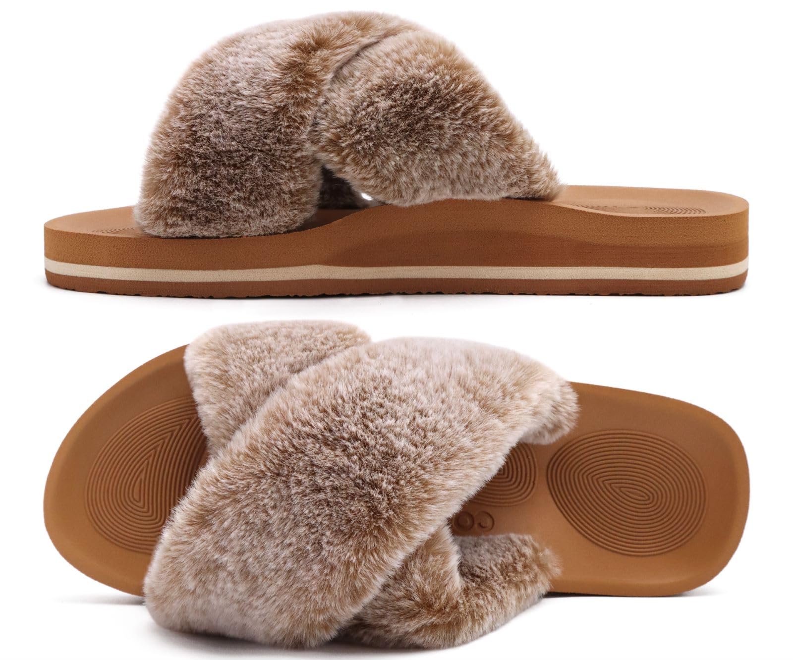 COFACE Women's Fuzzy Slides - Fluffy Faux Fur House Slippers with Arch Support, Open Toe Sandals for Indoor/Outdoor Use - Perfect for Yoga, Lounging & Home Comfort