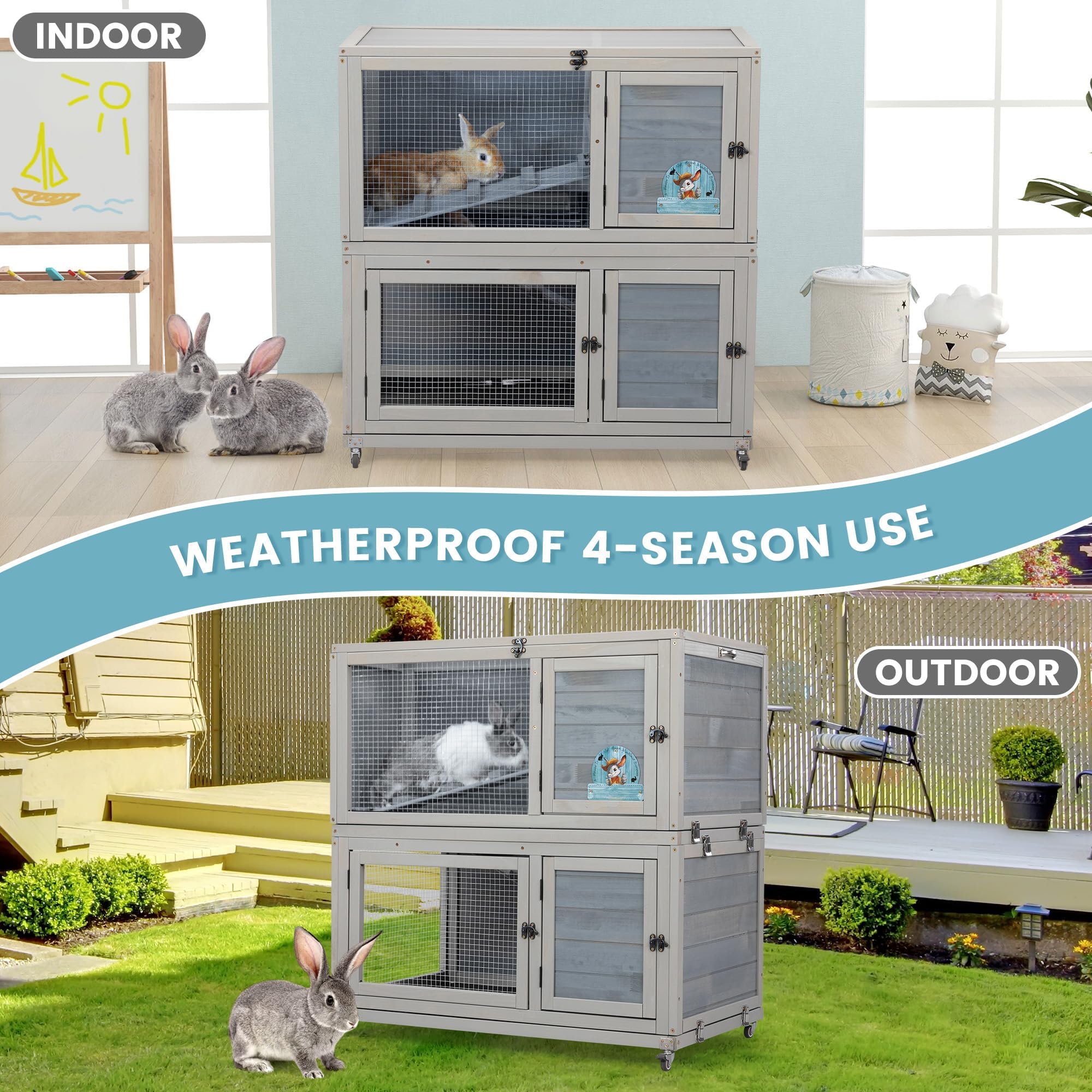 2-Story Wooden Rabbit Hutch - Weatherproof Indoor/Outdoor Bunny Cage with Wheels, Pull-Out Tray & Non-Slip Ramp - Grey Pet House for Rabbits, Guinea Pigs & Small Animals - Perfect for Backyard, Garden or Patio Use