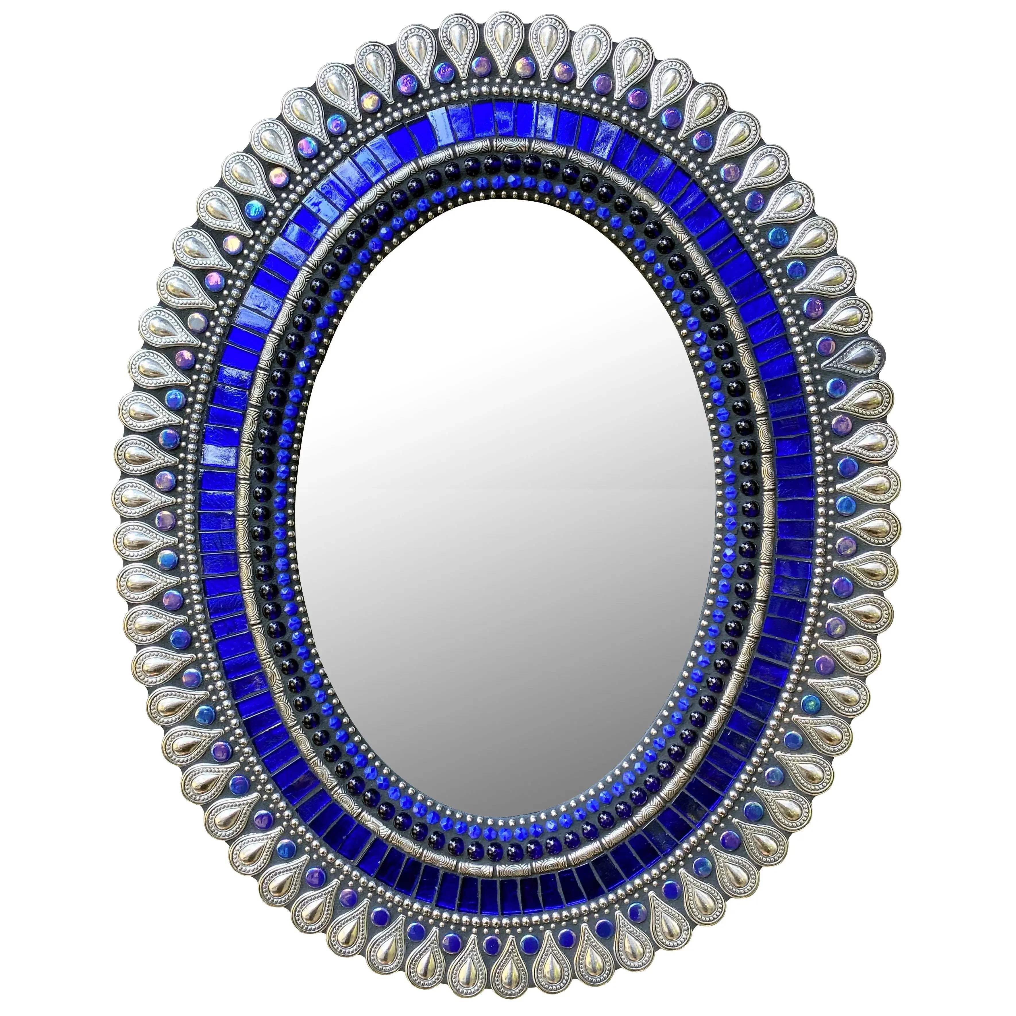 Zetamari Mosaic Artworks 12x15 Inch Oval Wall Mirror - Silver Cobalt Drop Design for Bathroom, Bedroom & Entryway Decor