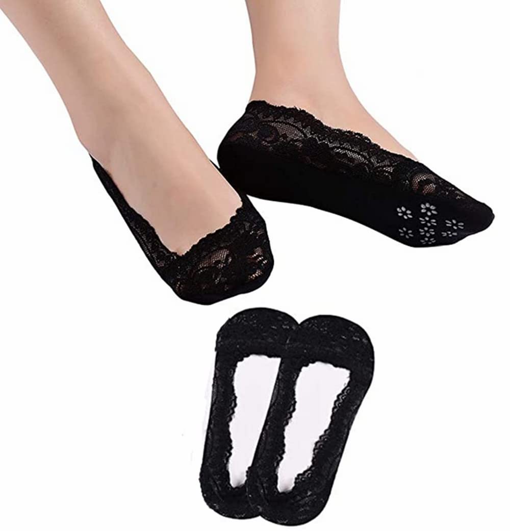 Cafurty 2 Pairs Women's No Show Liner Socks - Low Cut Invisible Lace Socks with Non-Slip Grip for Casual Wear (Black, US Shoe Size 5-7.5) | Perfect for Sneakers, Loafers & Flats