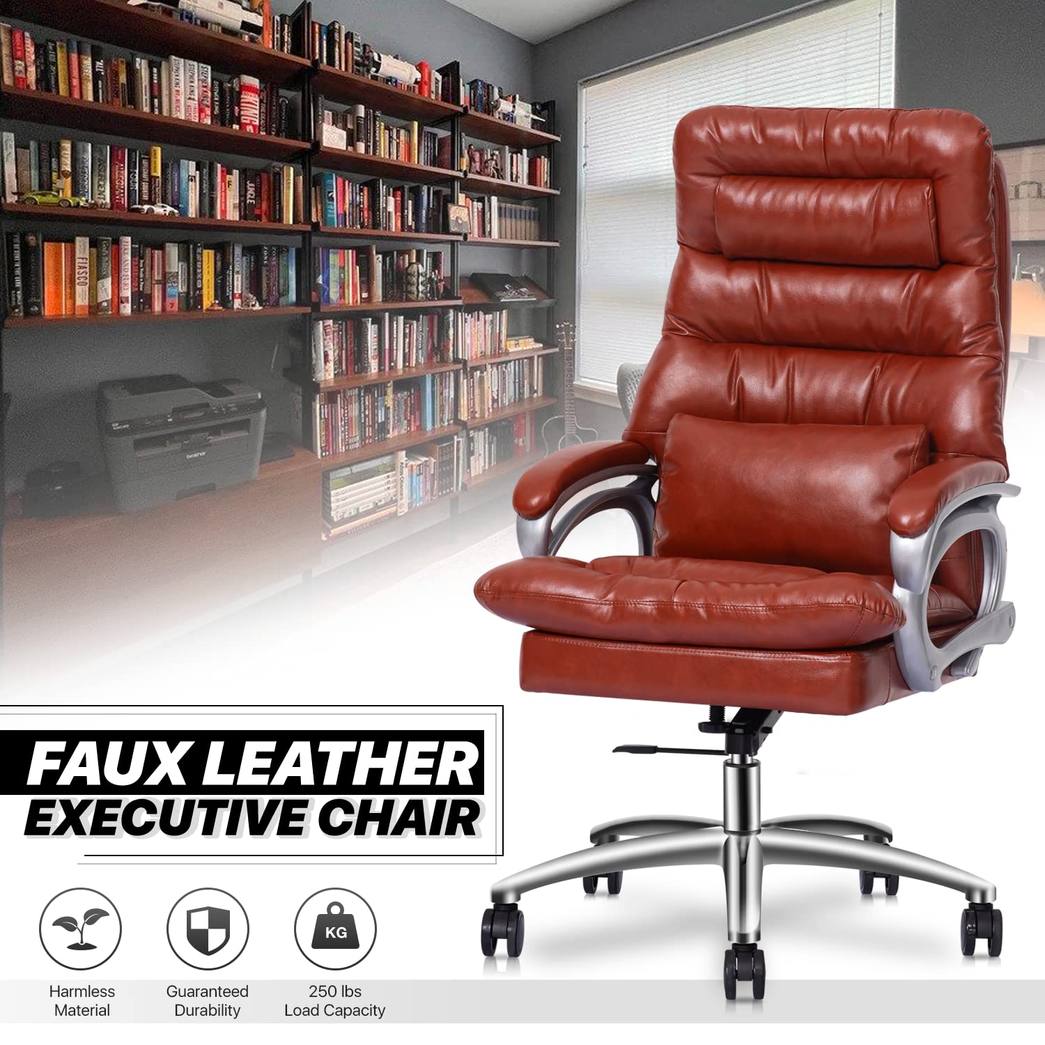 Premium Ergonomic Executive Office Chair - PU Leather Swivel Rolling Chair with Adjustable Height & Tilt, Padded Armrests (Brown) - Perfect for Home Office, Conference Rooms & Workspaces