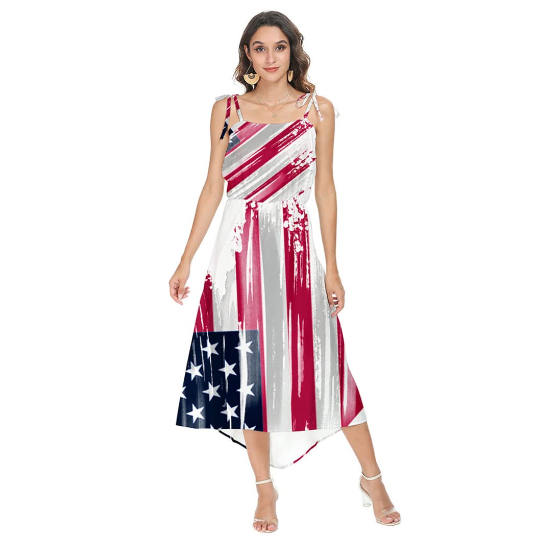 YADMISU Women's 4th of July American Flag Dress - Casual Off Shoulder Sling Backless Midi Summer Dress for BBQ, Beach Party & Independence Day Celebrations