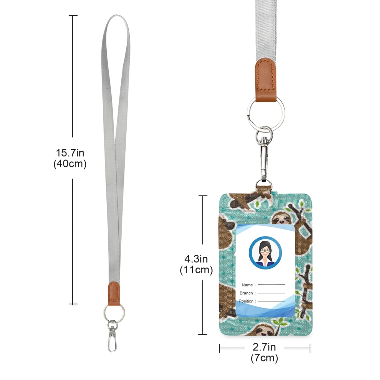 Sleeping Sloth Vertical Leather ID Badge Holder with Lanyard - Office & School Use