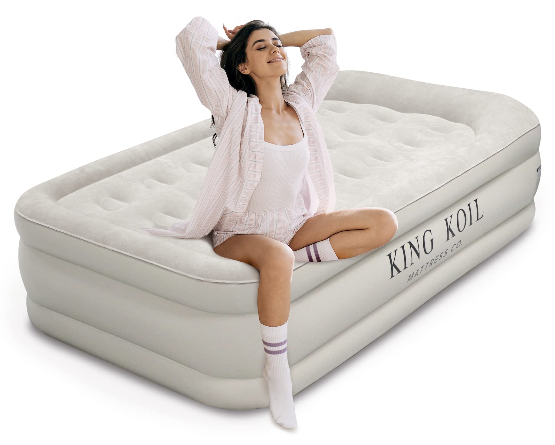 King Koil Luxury Twin Air Mattress with Built-in Pump - Double High Inflatable Airbed for Camping, Home & Guest Use | Waterproof, Fast Inflation, Portable Comfort for Indoor & Outdoor Sleeping