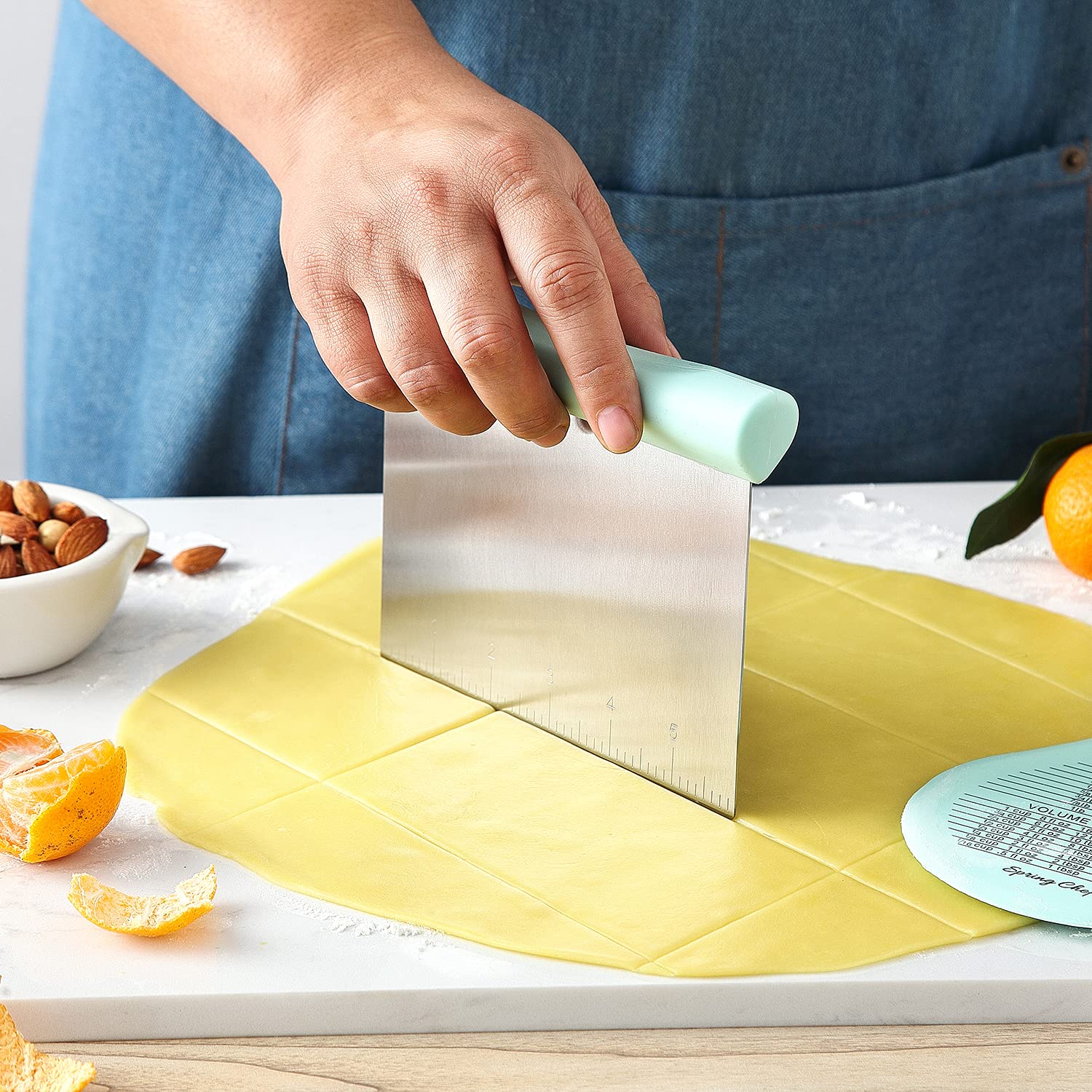 Spring Chef Stainless Steel Bench Scraper & Dough Cutter - Multi-Purpose Kitchen Tool for Baking Pizza, Bread, Pies - Pastry Scraper with Measurement Markings - Perfect for Home Bakers & Professional Chefs (Mint Green)