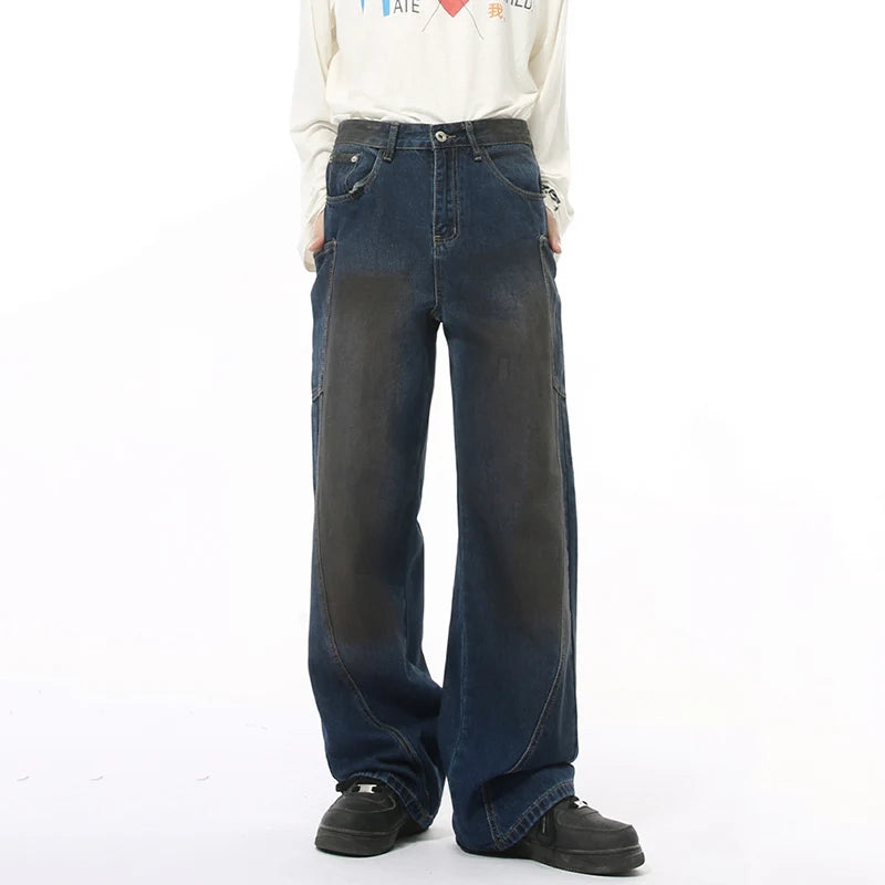 Trendy American Style Men's Denim Jeans - Casual Distressed Straight Wide Leg Loose Fit Pants with Spliced Deconstructed Details | Perfect for Streetwear, Everyday Wear & Fashion Outfits