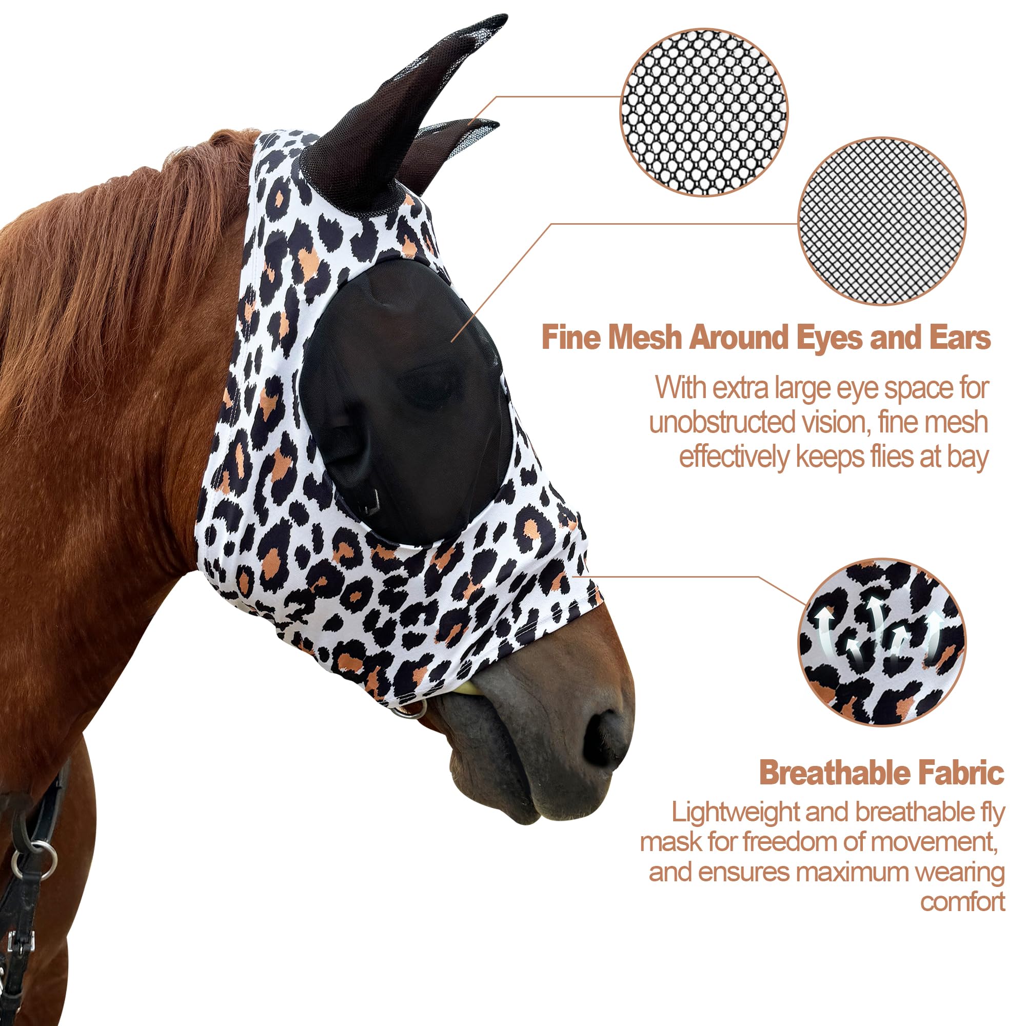 Breathable Horse Fly Mask with Ears - UV Protection Equine Fly Mask for Large Horses, Comfortable Elastic Fabric with Spacious Eye Design - Leopard Print Funny Horse Mask for Riding, Training & Pasture Protection