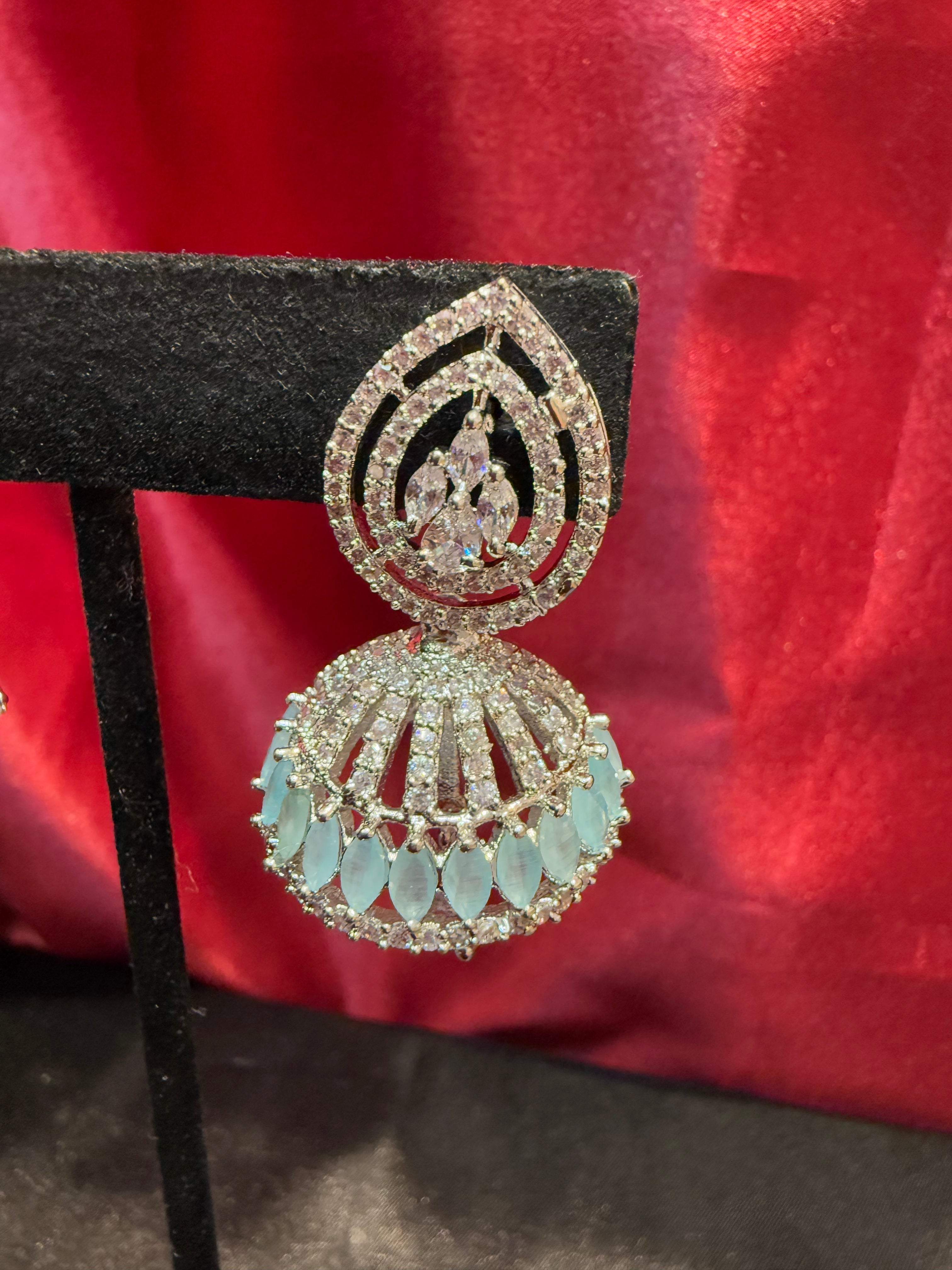 Elegant American Diamond Jhumka Earrings with Light Blue & White Stone Beads | Perfect for Weddings, Parties & Festive Occasions