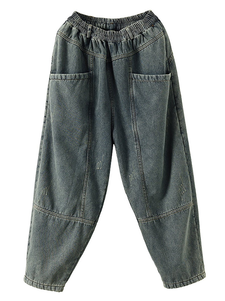 Plus Size Women's Retro Distressed Denim Fleece Lined Pants - High Waisted Stretch Jeans for Winter Warmth & Comfort - Perfect for Casual Outfits, Workwear & Cold Weather Fashion