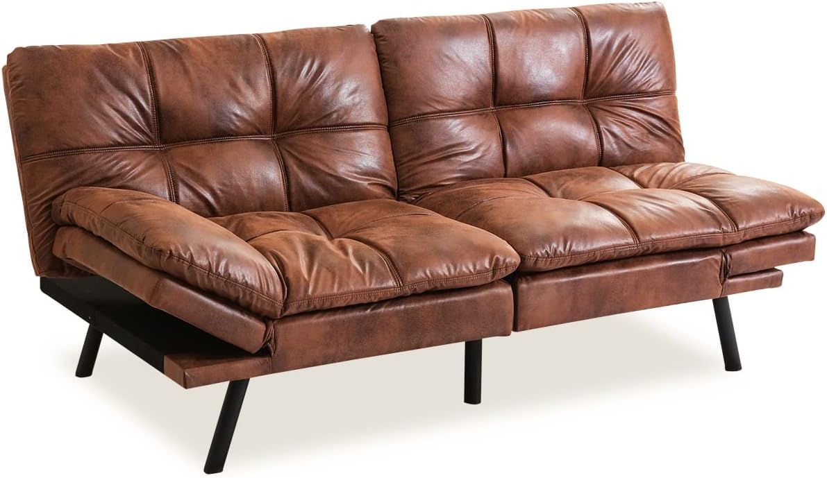 Hcore Leather Futon Couch - Foldable Loveseat Sofa Bed in Natural Brown for Small Spaces, Guest Room & Apartment Living