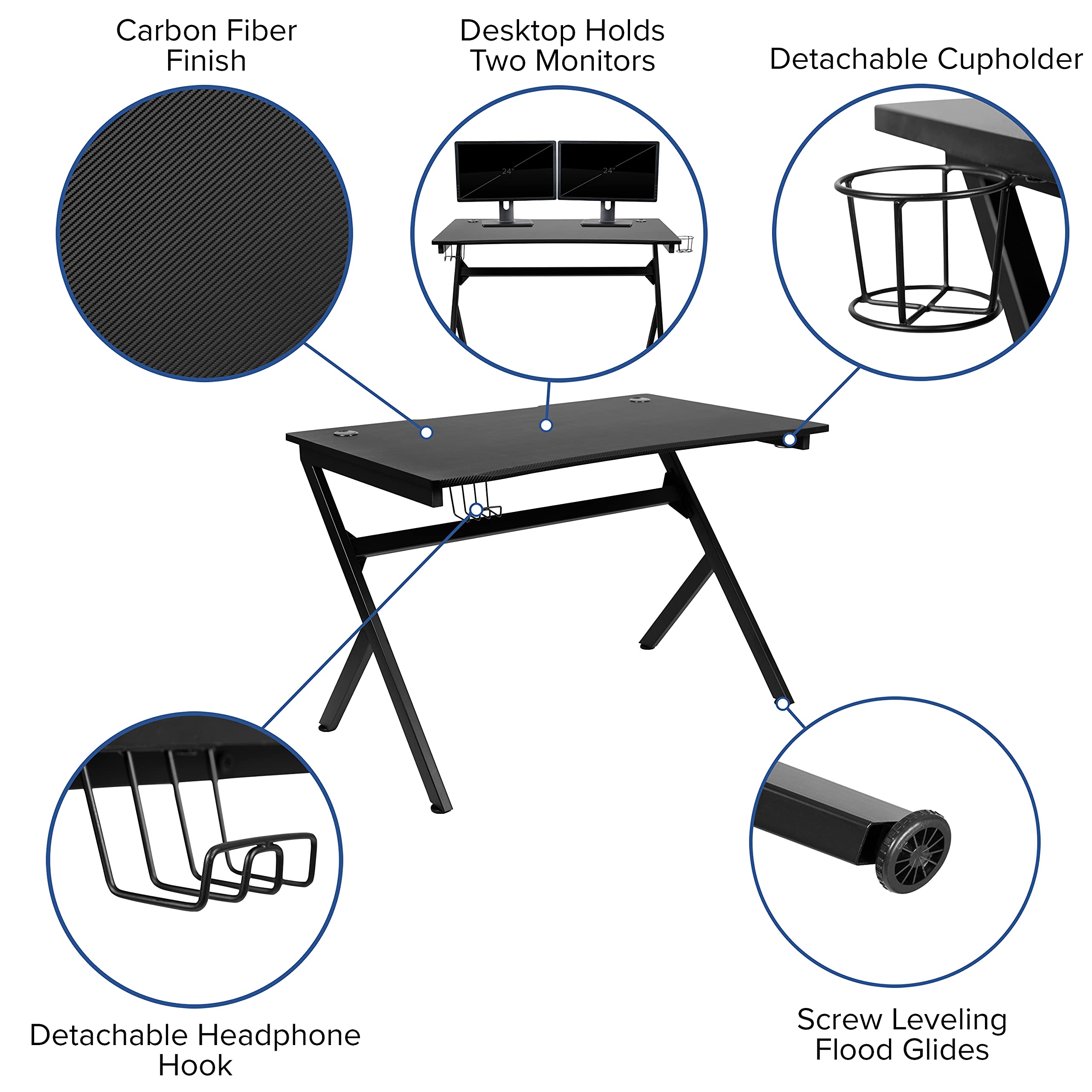 Black Gaming Desk and Blue/Black Ergonomic Gaming Chair Set with Cup Holder, Headphone Hook & Cable Management - Perfect for PC Gaming, Streaming & Home Office Setup