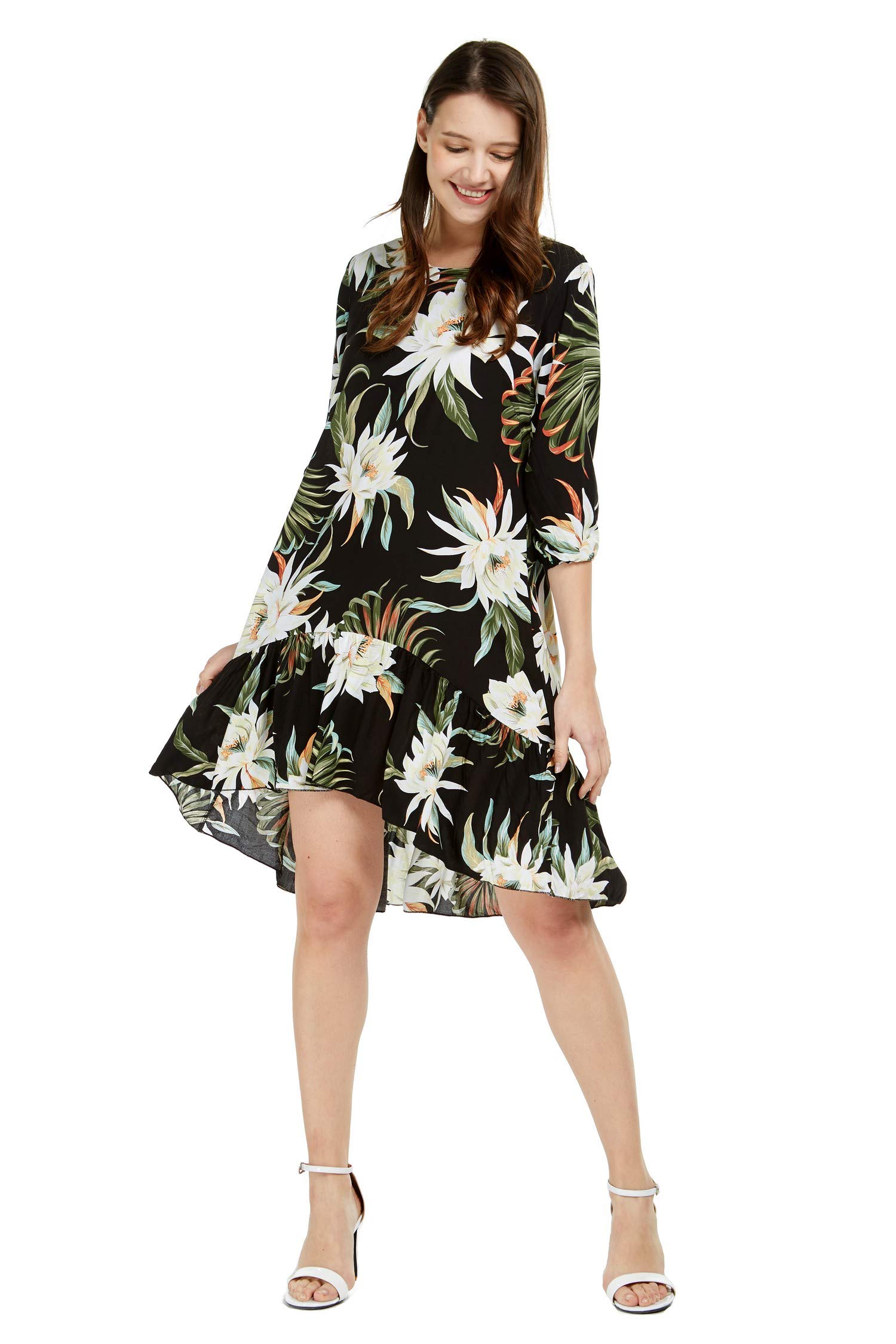Hawaiian Couple Matching Luau Shirts & 3/4 Sleeve Ruffle Dress Set - Tropical Floral Print Beach Outfit for Summer Vacation, Luau Party, and Honeymoon Getaways
