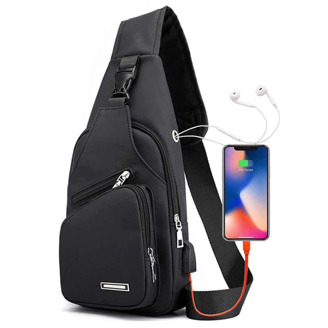 Waterproof Crossbody Sling Backpack for Men & Women - Lightweight Hiking Daypack with USB Charger Port & Headphone Hole - Perfect for Outdoor Travel, Walking, Commuting & Daily Use (Black)