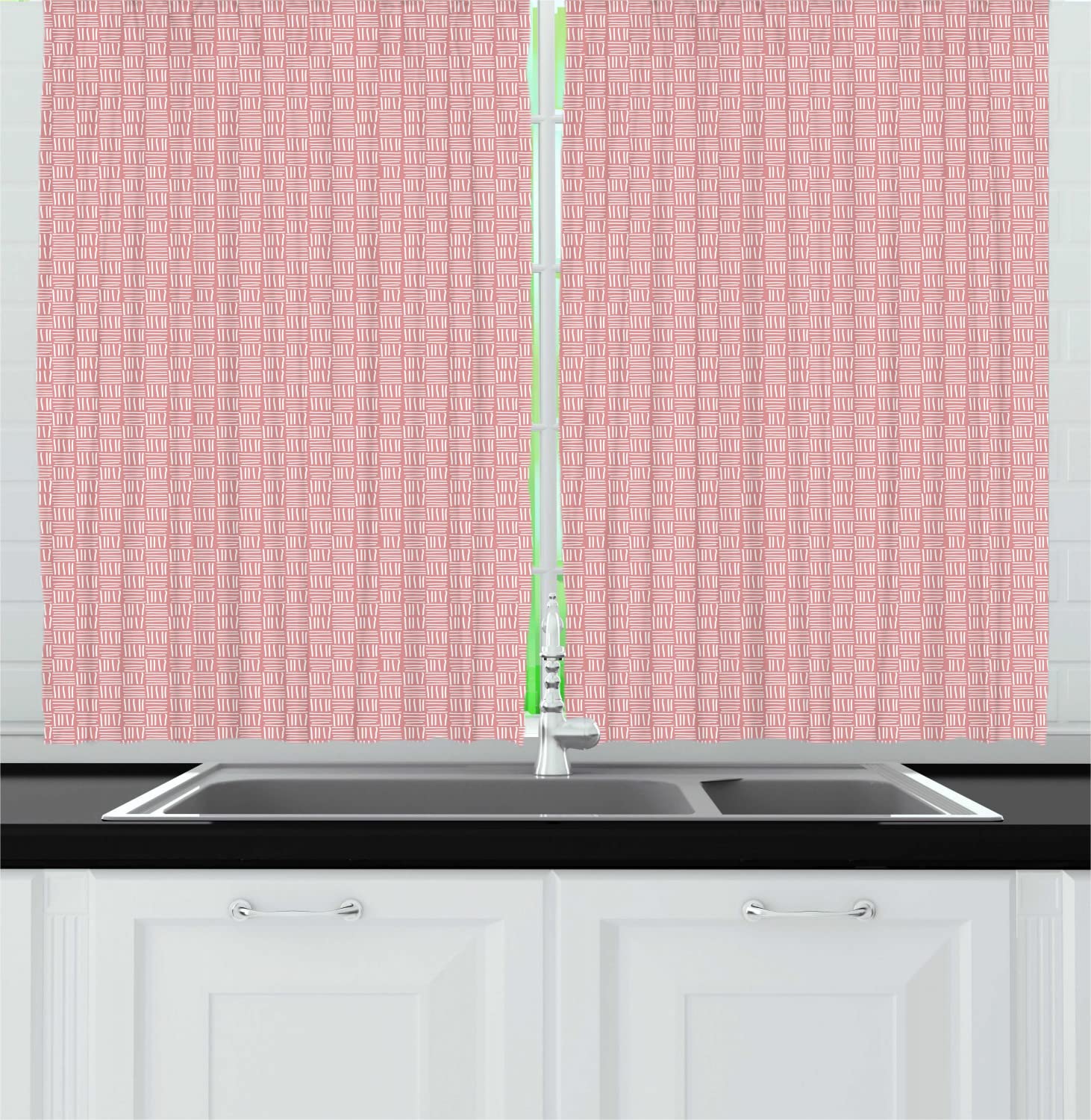 Ambesonne Abstract Long Kitchen Curtains - Hand Drawn Line Grid & Stripes Design, 55