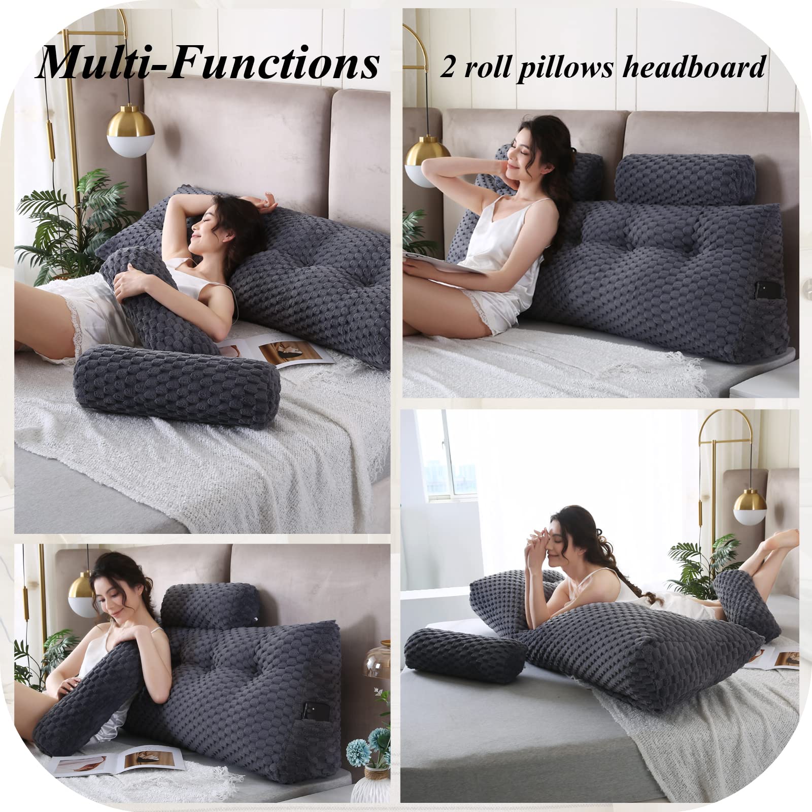 Wedge Headboard Pillow Set - 2 Bolster Pillows for Bed Rest, Reading & Back Support | Comfortable Backrest Positioning Cushion for Sitting in Bed, Sofa or Floor