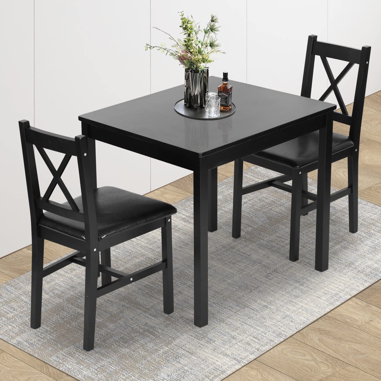3-Piece Wooden Dining Table Set - Square Kitchen Table & Chairs for 2 - Sturdy Breakfast Nook Set for Small Spaces - Perfect for Home, Restaurant & Living Room - Brown Finish - Ideal for Compact Kitchens, Cozy Breakfast Nooks & Small Dining Areas