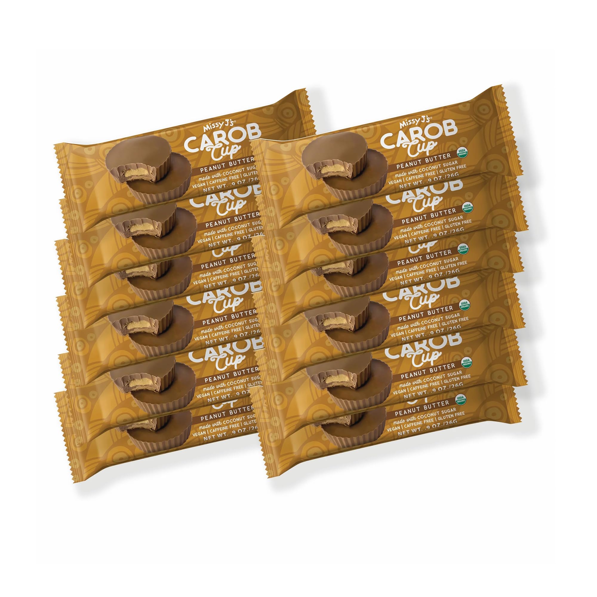 Missy J's Vegan & Gluten-Free Peanut Butter Carob Cups - 12 Pack (0.9 Oz Each) | Healthy Coconut Sugar Sweetened Chocolate Alternative | Caffeine-Free Snacks for Kids, Desserts & Healthy Treats | Perfect for Lunchboxes, Parties & Weight Management