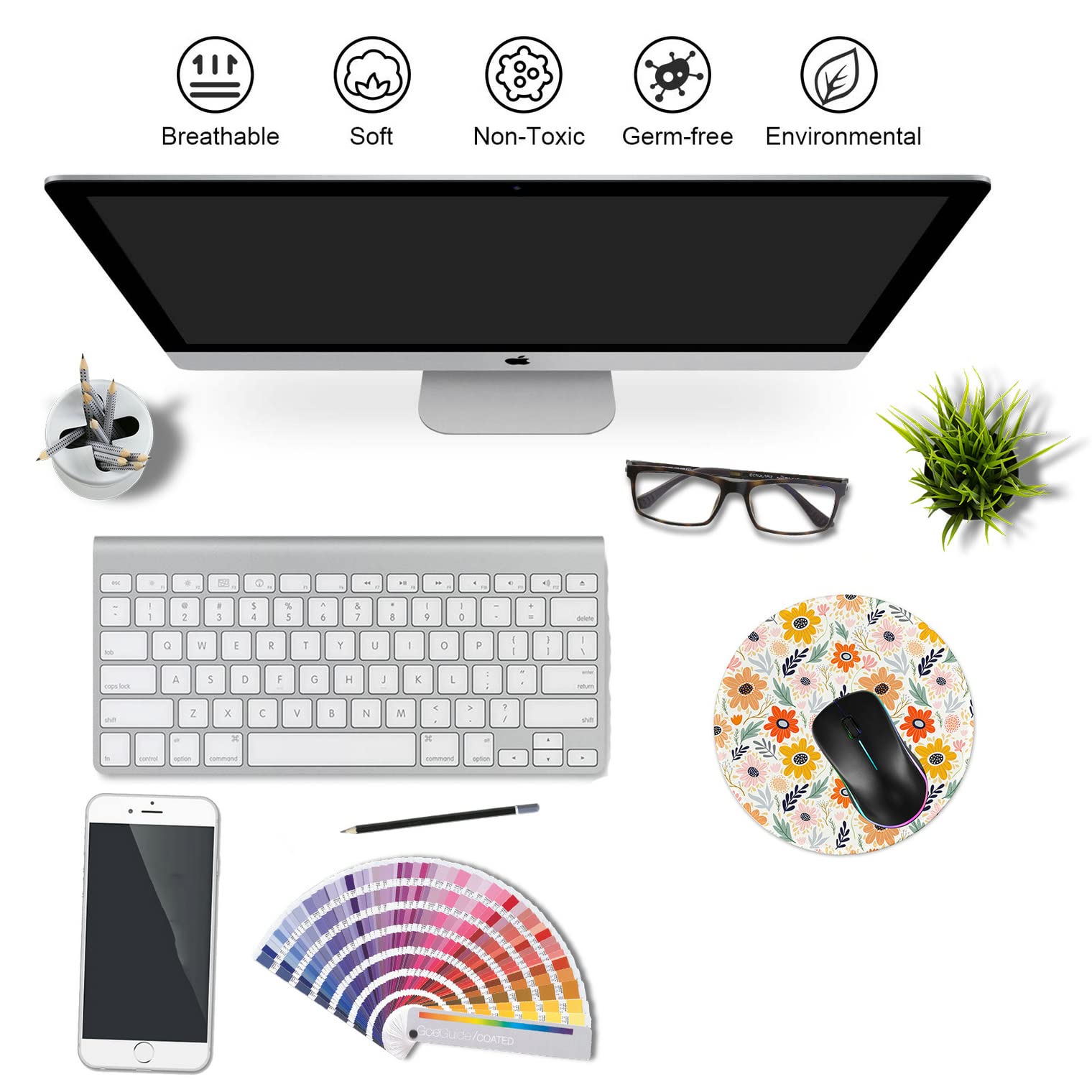 Premium Round Gaming Mouse Pad - Non-Slip Rubber Base with Stitched Edge (7.9x7.9 Inch) for PC, Laptop & Office - Cute Floral Design for Gamers & Professionals