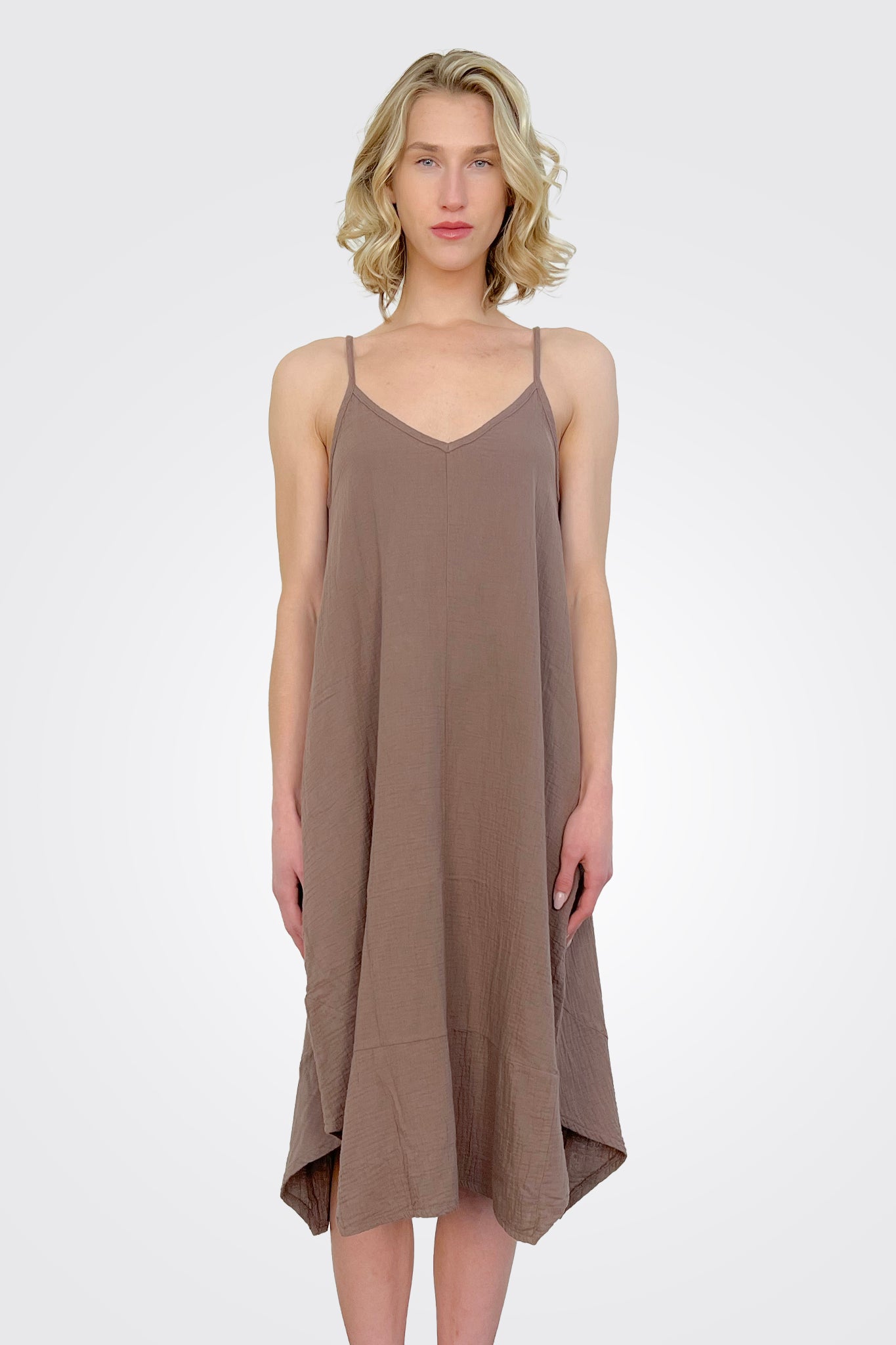 V-Neck Cami Midi Handkerchief Dress in Earth Tone - Perfect for Summer Outings, Beach Vacations & Boho Chic Style