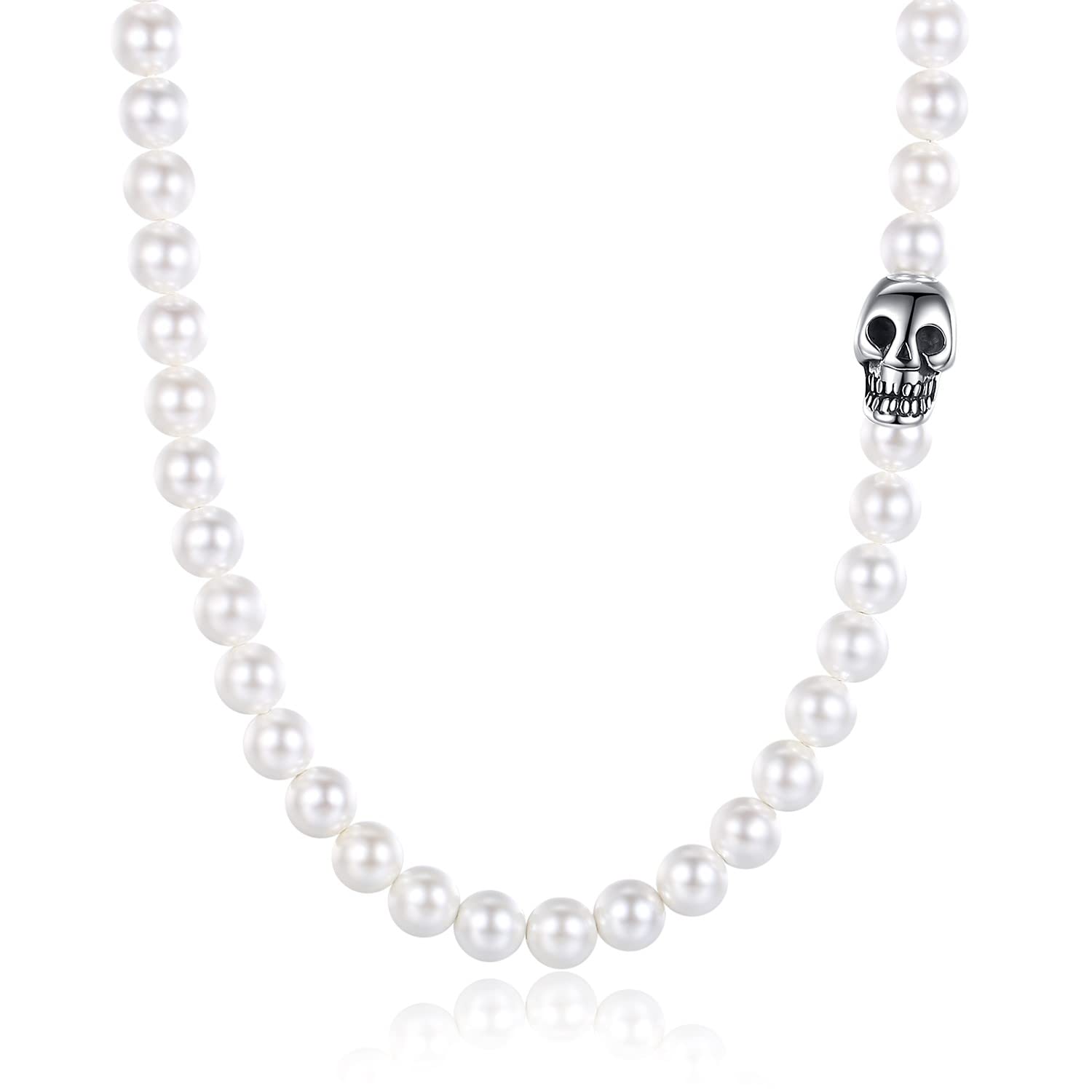 Men's Stainless Steel Skull Charm Shell Pearl Beaded Necklace - Gothic Punk Jewelry for Men, Perfect for Parties, Concerts and Everyday Wear