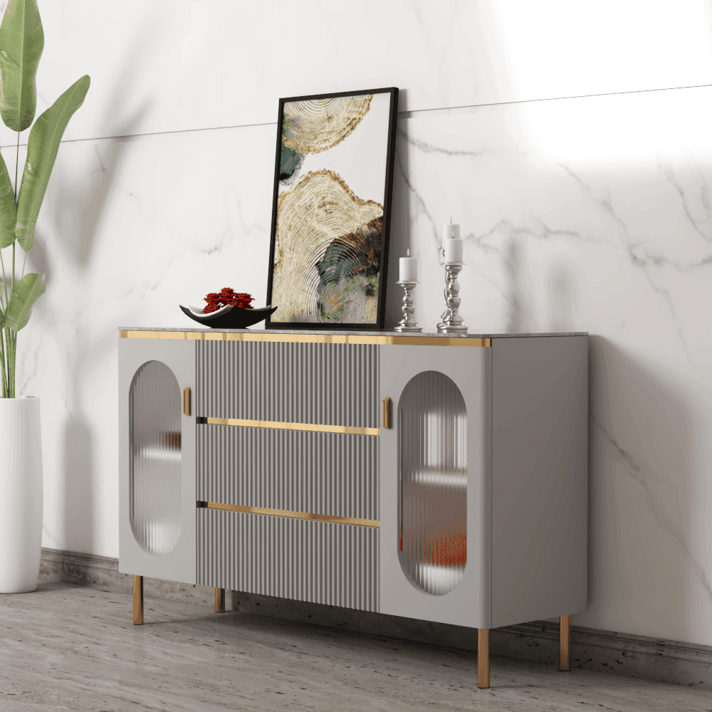 Hollis II Polished Sintered Stone Buffet Hutch - Modern Kitchen Storage Cabinet for Dining Room & Entertaining - Perfect for Displaying China, Glassware & Serving Dishes