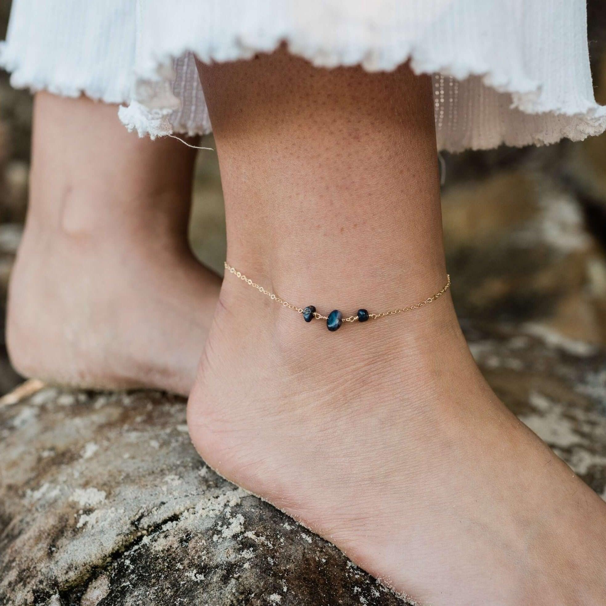Elegant Sapphire Beaded Chain Anklet - Adjustable Sterling Silver Ankle Bracelet for Women | Perfect for Beach, Summer & Boho Fashion