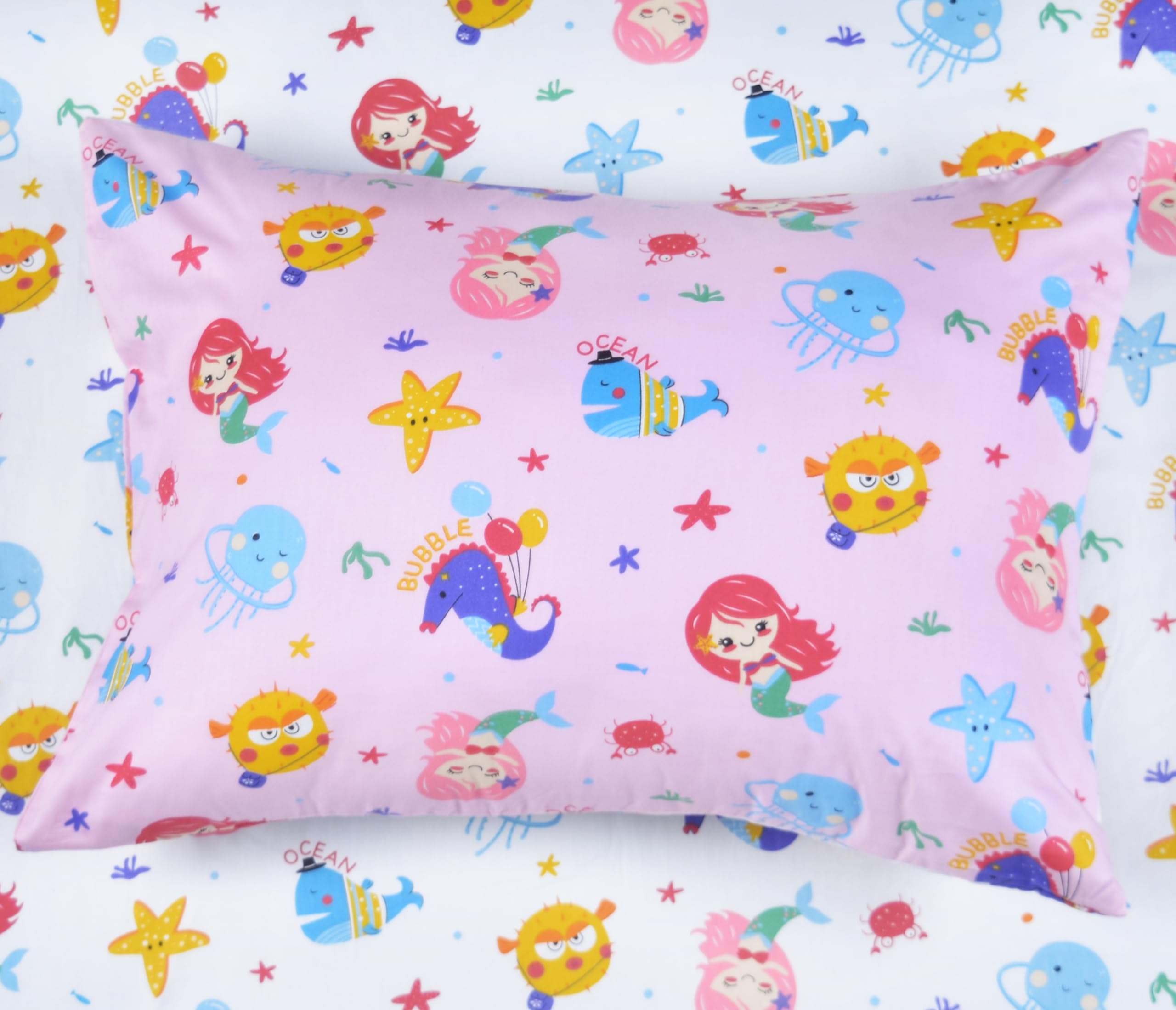 **Pink Mermaid Reversible Duvet Cover & Pillowcase Set for Kids - 100% Cotton Twin Size (60