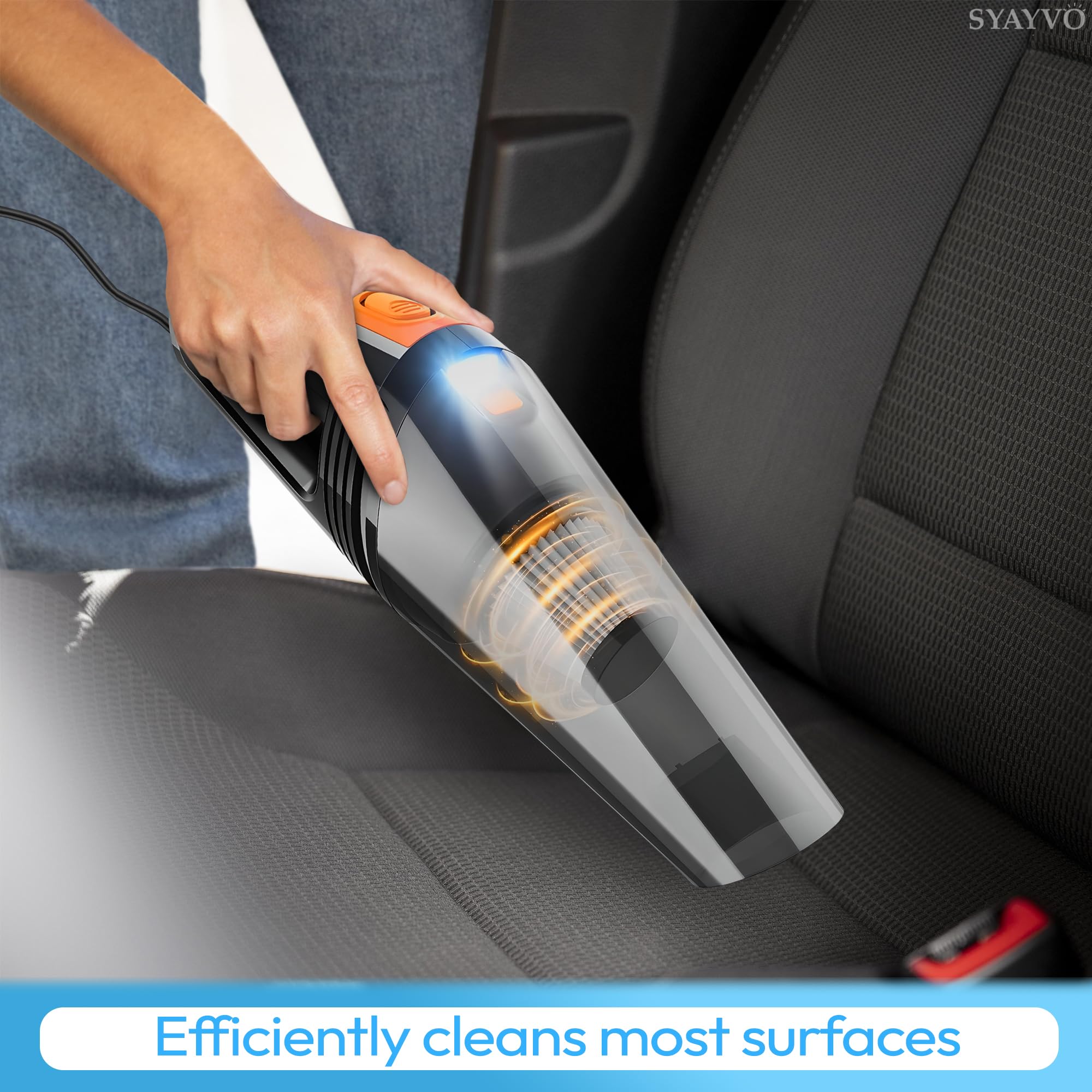 SYAYVO 8000PA Powerful Portable Car Vacuum Cleaner - 12V DC Corded Handheld Vacuum with LED Light & 16.4ft Hose | Includes Multiple Attachments for Car Detailing, Home & Office Cleaning | Ideal Gift for Men & Women