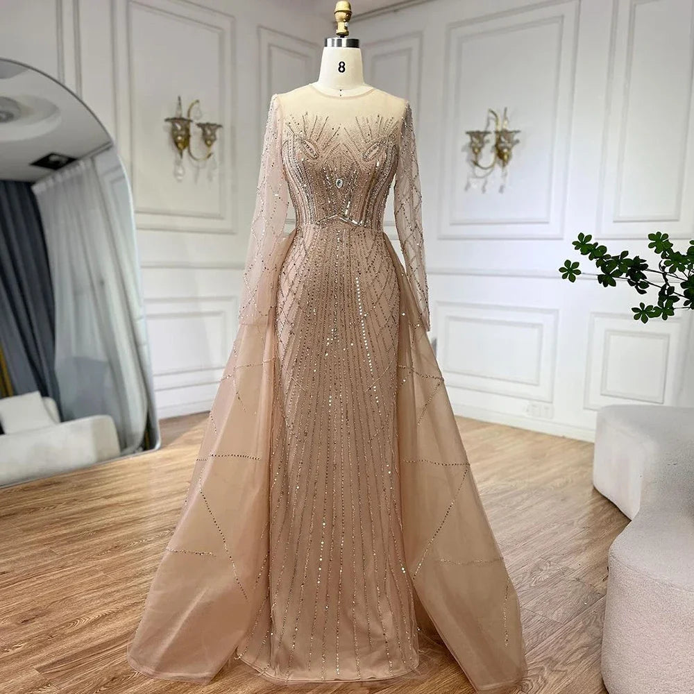 Serene Hill Muslim Beige Elegant Overskirt Mermaid Luxury Beaded Gold Evening Dresses Gowns 2025 For Women - Perfect for Weddings, Prom, Gala & Formal Events