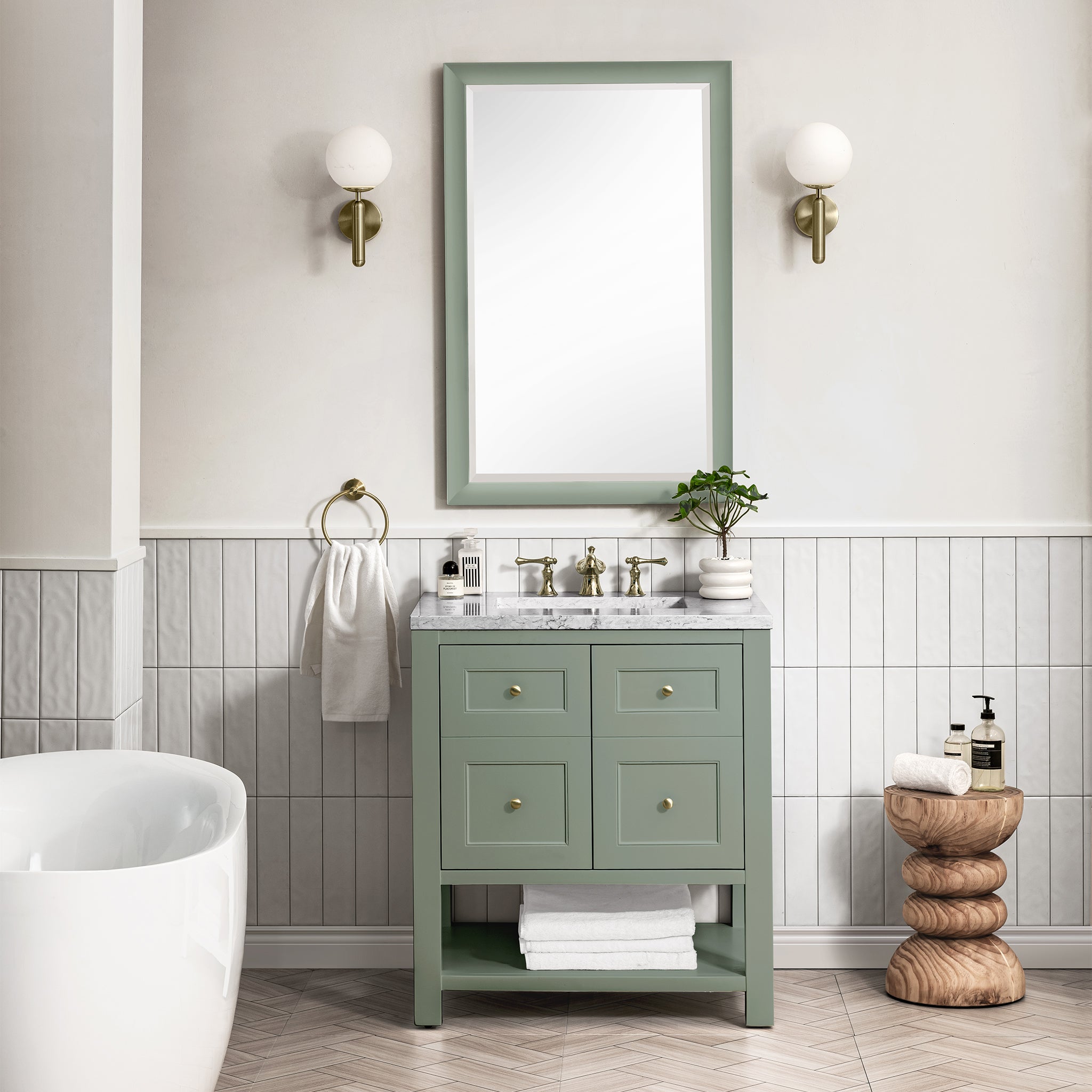 Breckenridge 30 Inch Single Bathroom Vanity with Smokey Celadon Finish and 3CM Arctic Fall Quartz Top - Perfect for Modern Bathroom Remodeling and Home Renovation Projects